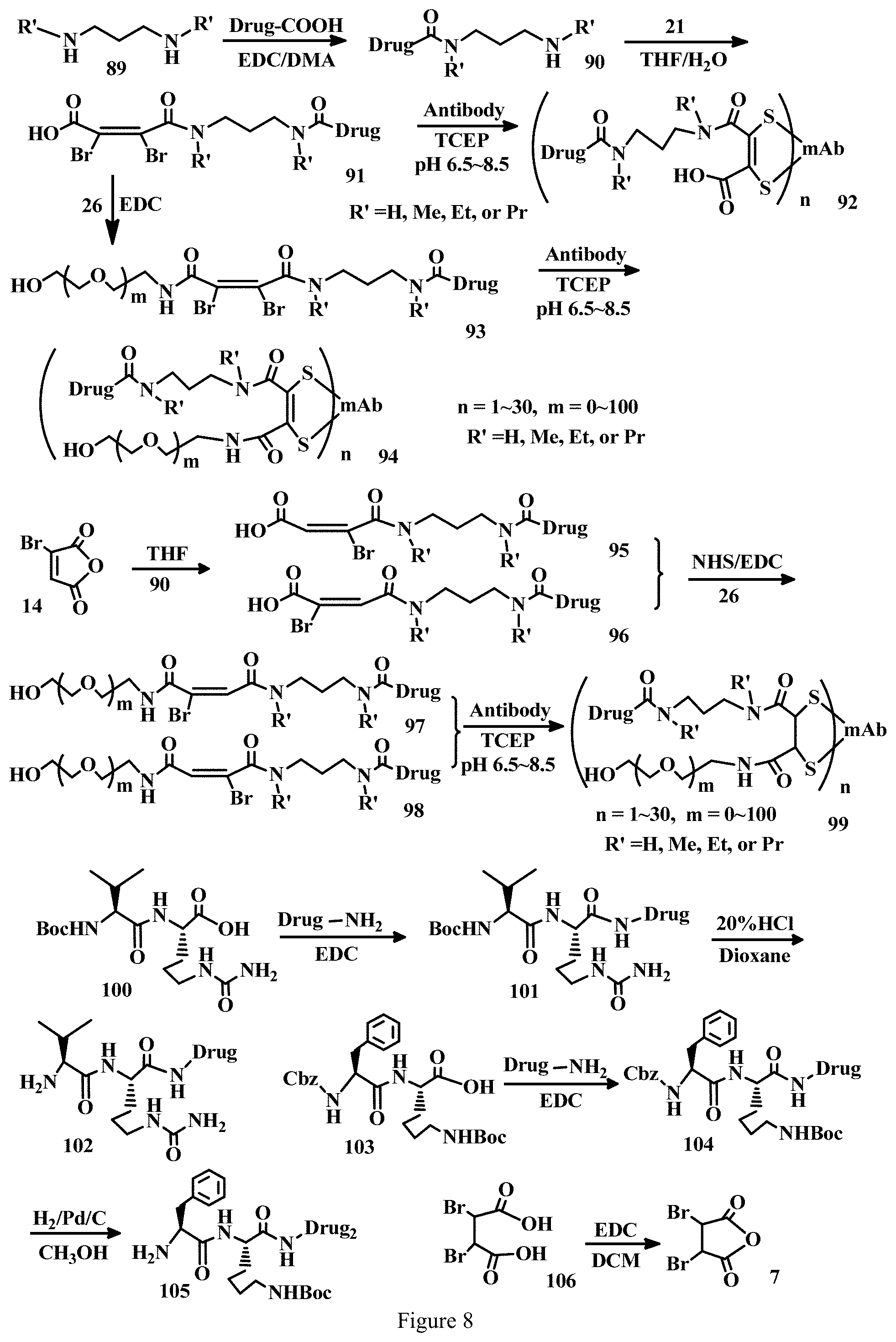 Patent US11779663 Figure 8 – Specific conjugation linkers, specific immunoconjugates thereof, methods of making and uses such conjugates thereof