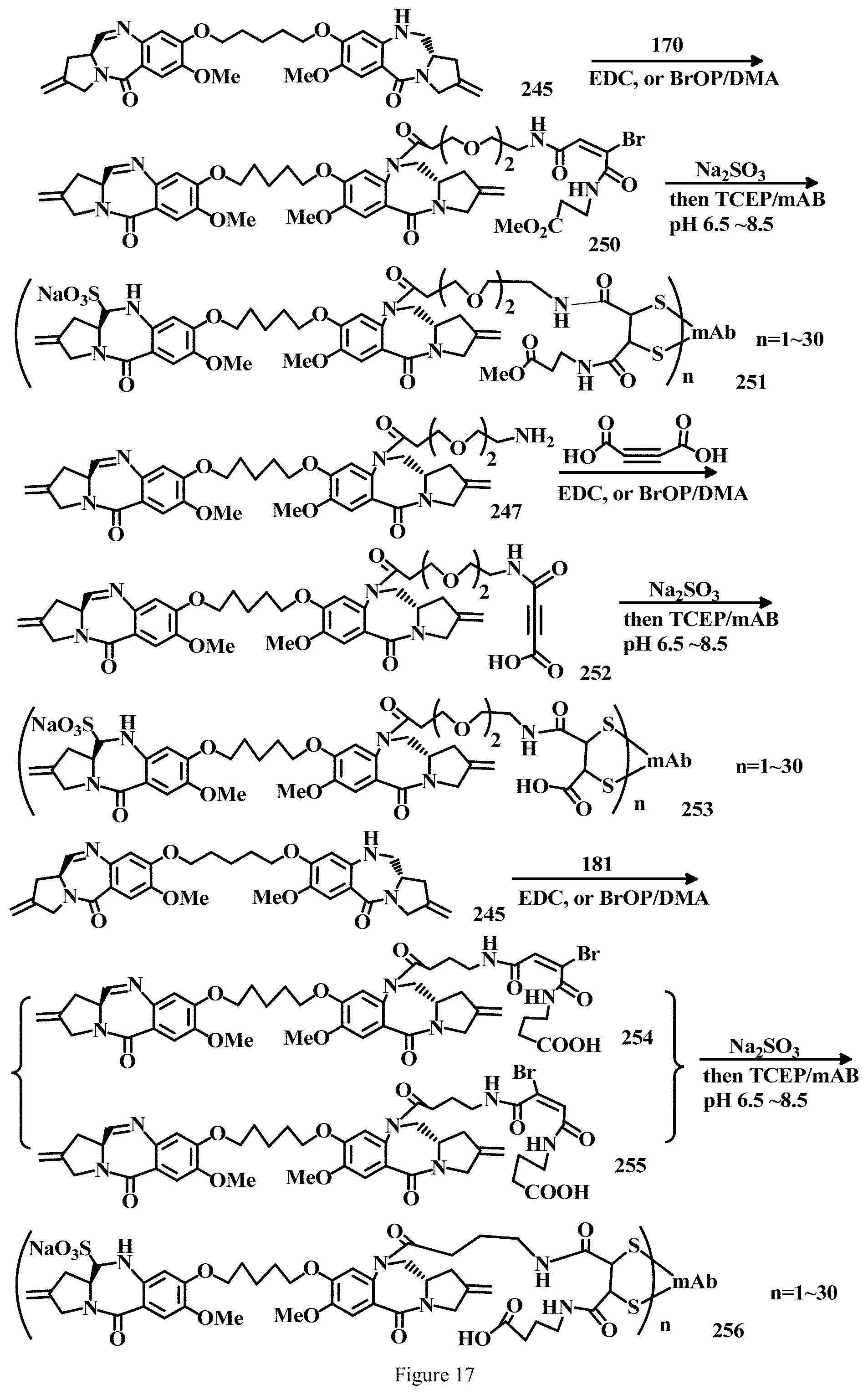Patent US11779663 Figure 17 – Specific conjugation linkers, specific immunoconjugates thereof, methods of making and uses such conjugates thereof