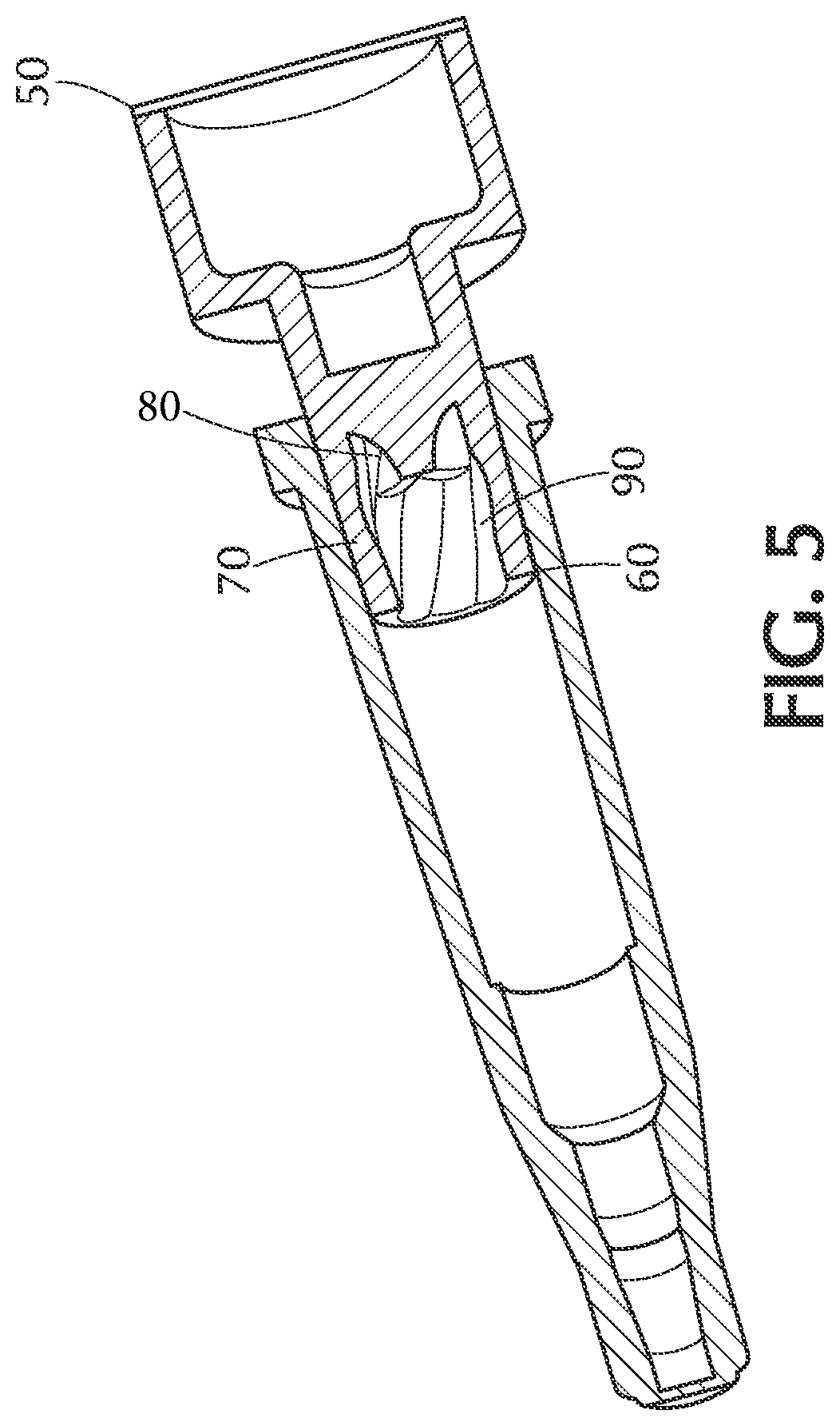 Patent US11779745 Figure 5 – Flush enhancing male luer tip design for syringes and any luer connector