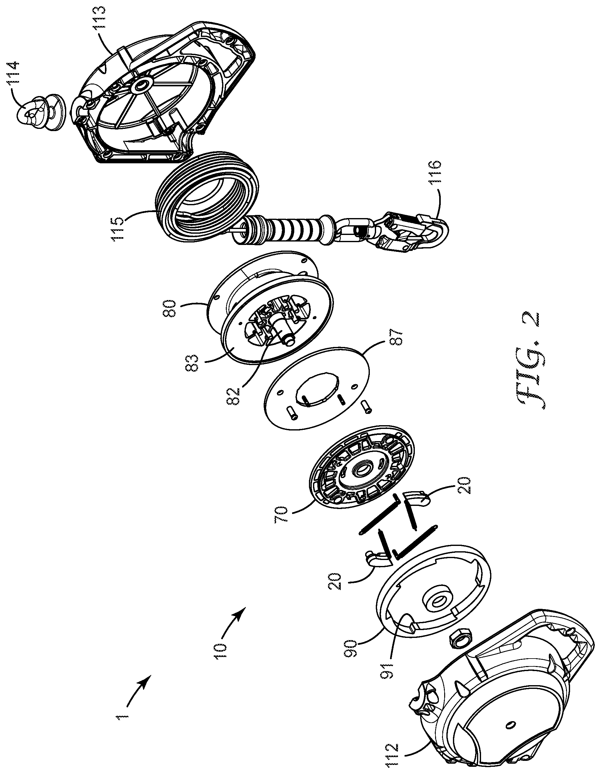 Patent US11779783 Figure 2 – Fall-protection apparatus comprising braking device with velocity-actuated, acceleration-modulated pawl(s)
