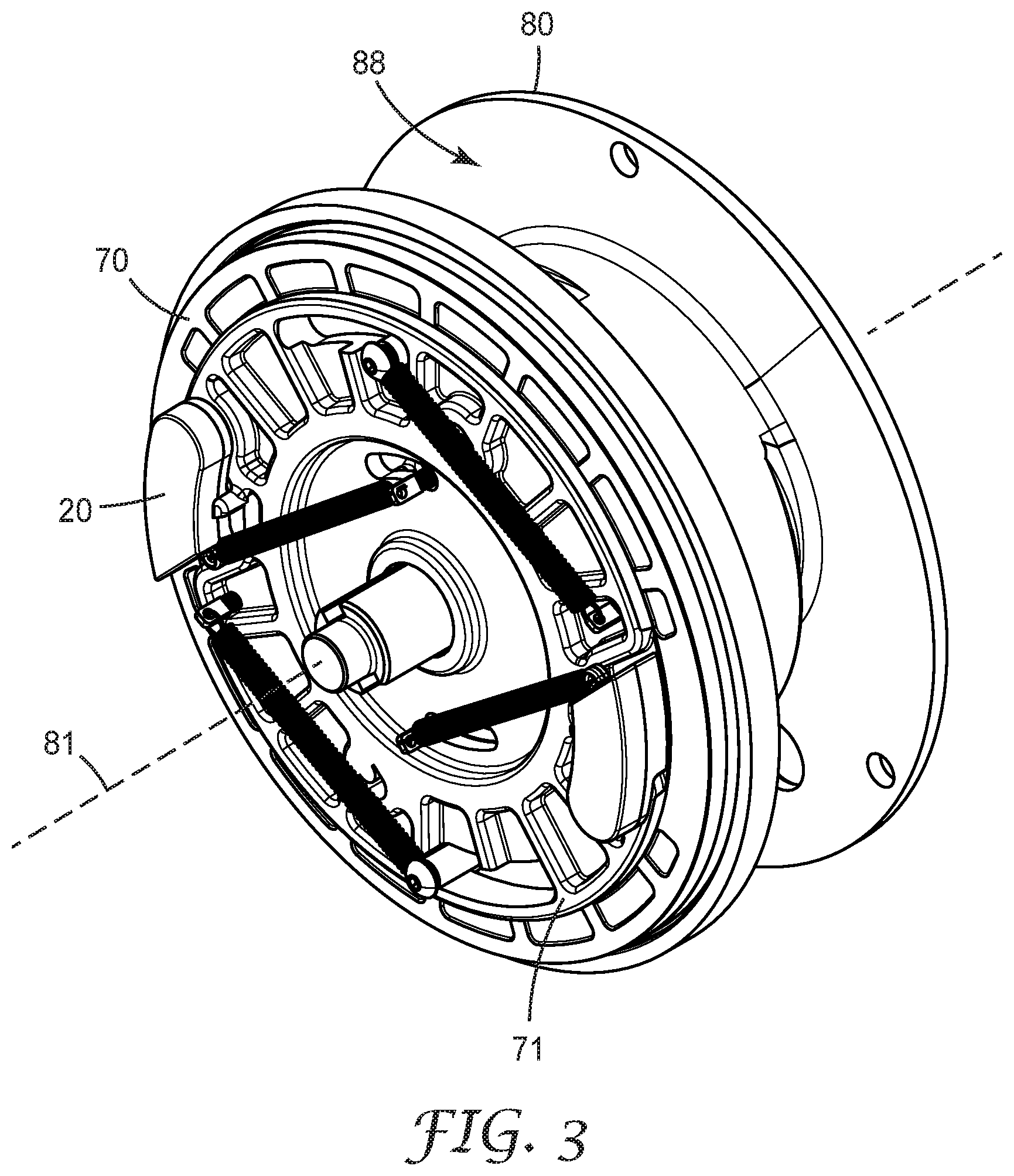 Patent US11779783 Figure 3 – Fall-protection apparatus comprising braking device with velocity-actuated, acceleration-modulated pawl(s)