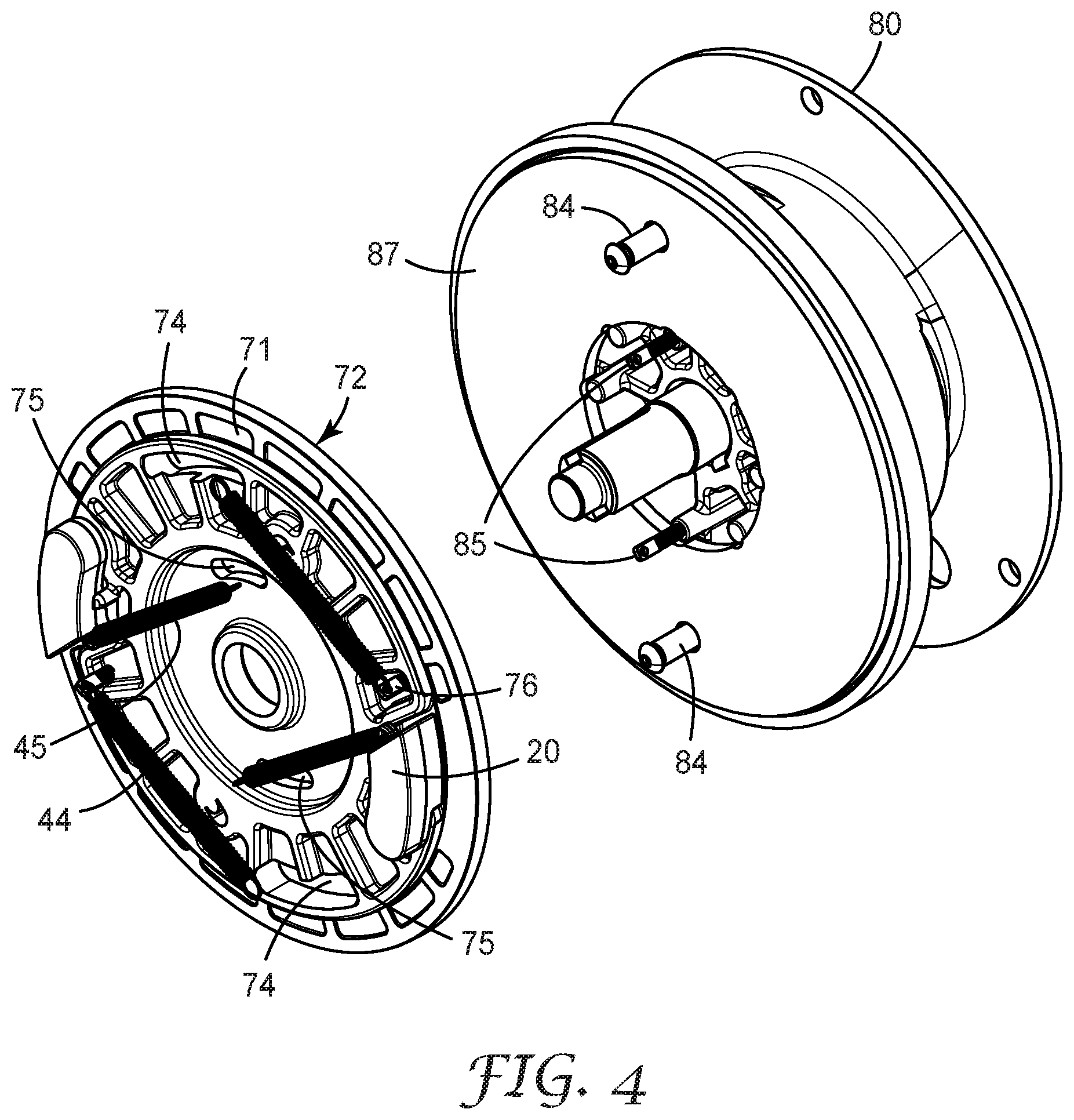 Patent US11779783 Figure 4 – Fall-protection apparatus comprising braking device with velocity-actuated, acceleration-modulated pawl(s)