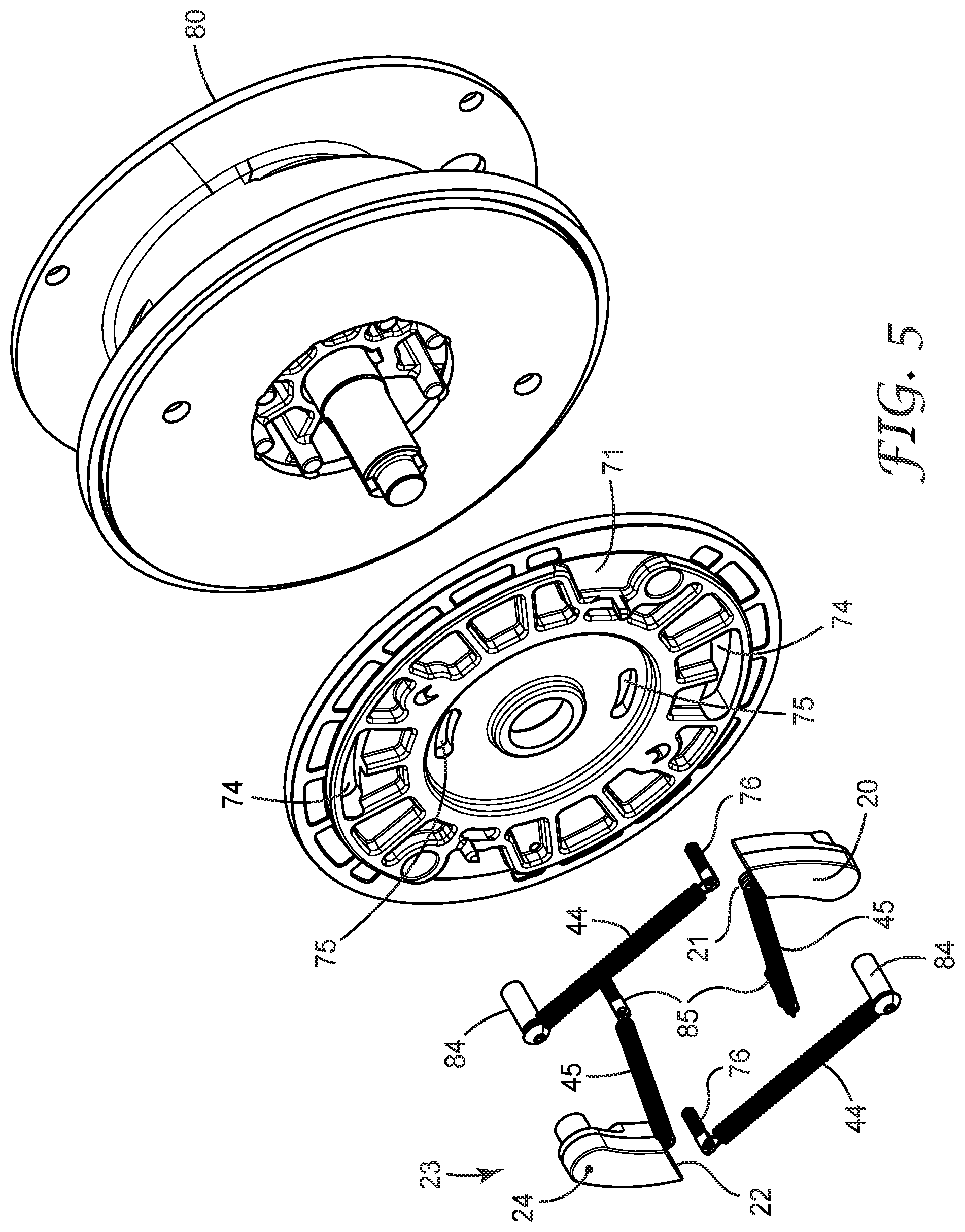 Patent US11779783 Figure 5 – Fall-protection apparatus comprising braking device with velocity-actuated, acceleration-modulated pawl(s)