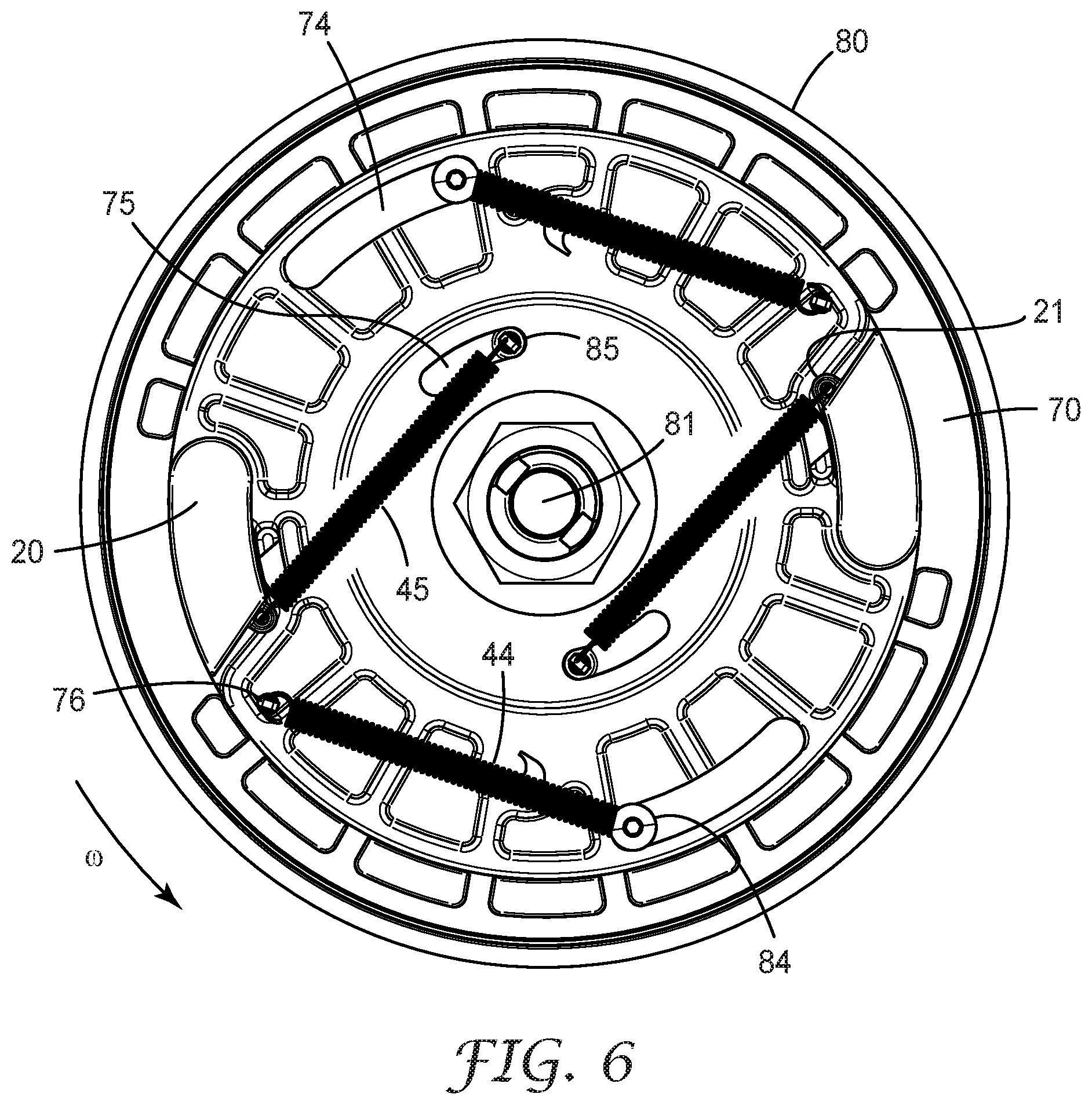 Patent US11779783 Figure 6 – Fall-protection apparatus comprising braking device with velocity-actuated, acceleration-modulated pawl(s)