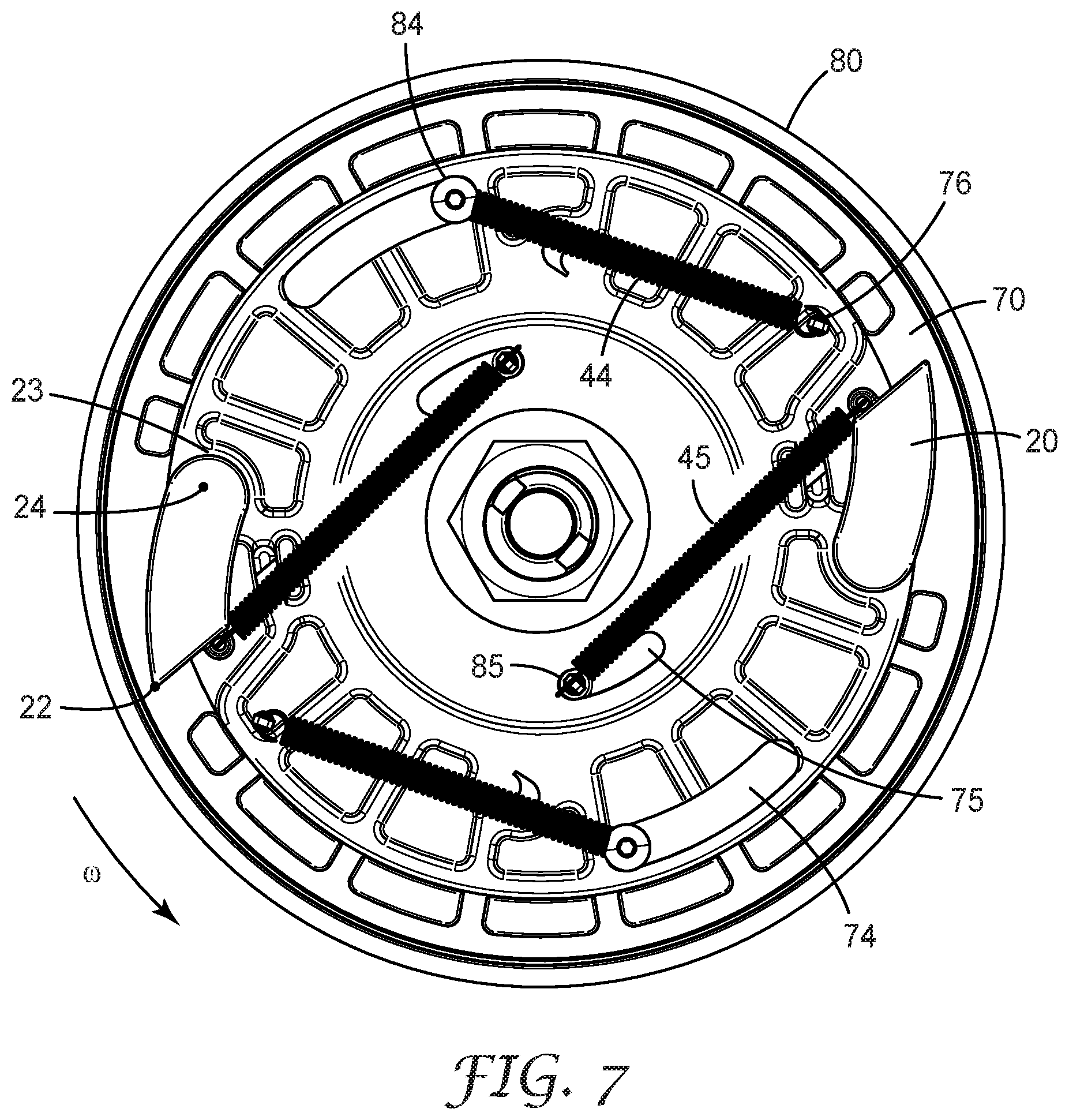 Patent US11779783 Figure 7 – Fall-protection apparatus comprising braking device with velocity-actuated, acceleration-modulated pawl(s)