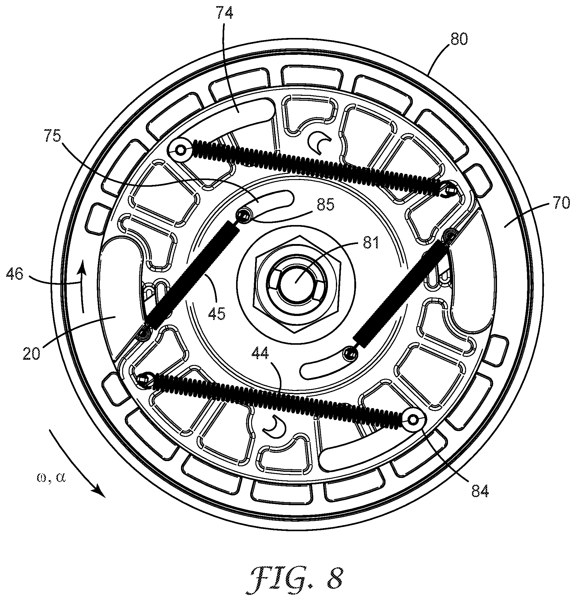 Patent US11779783 Figure 8 – Fall-protection apparatus comprising braking device with velocity-actuated, acceleration-modulated pawl(s)