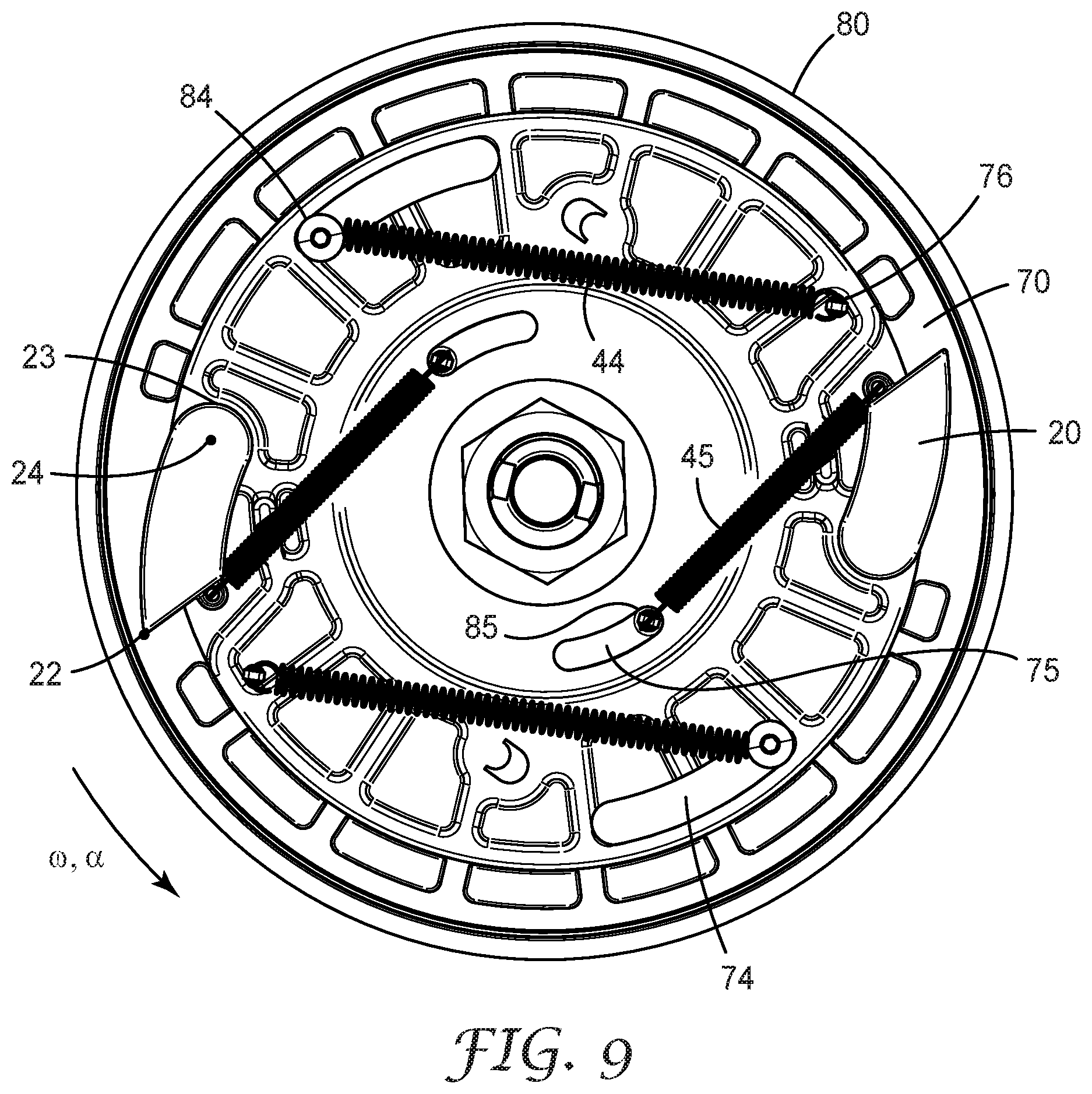 Patent US11779783 Figure 9 – Fall-protection apparatus comprising braking device with velocity-actuated, acceleration-modulated pawl(s)