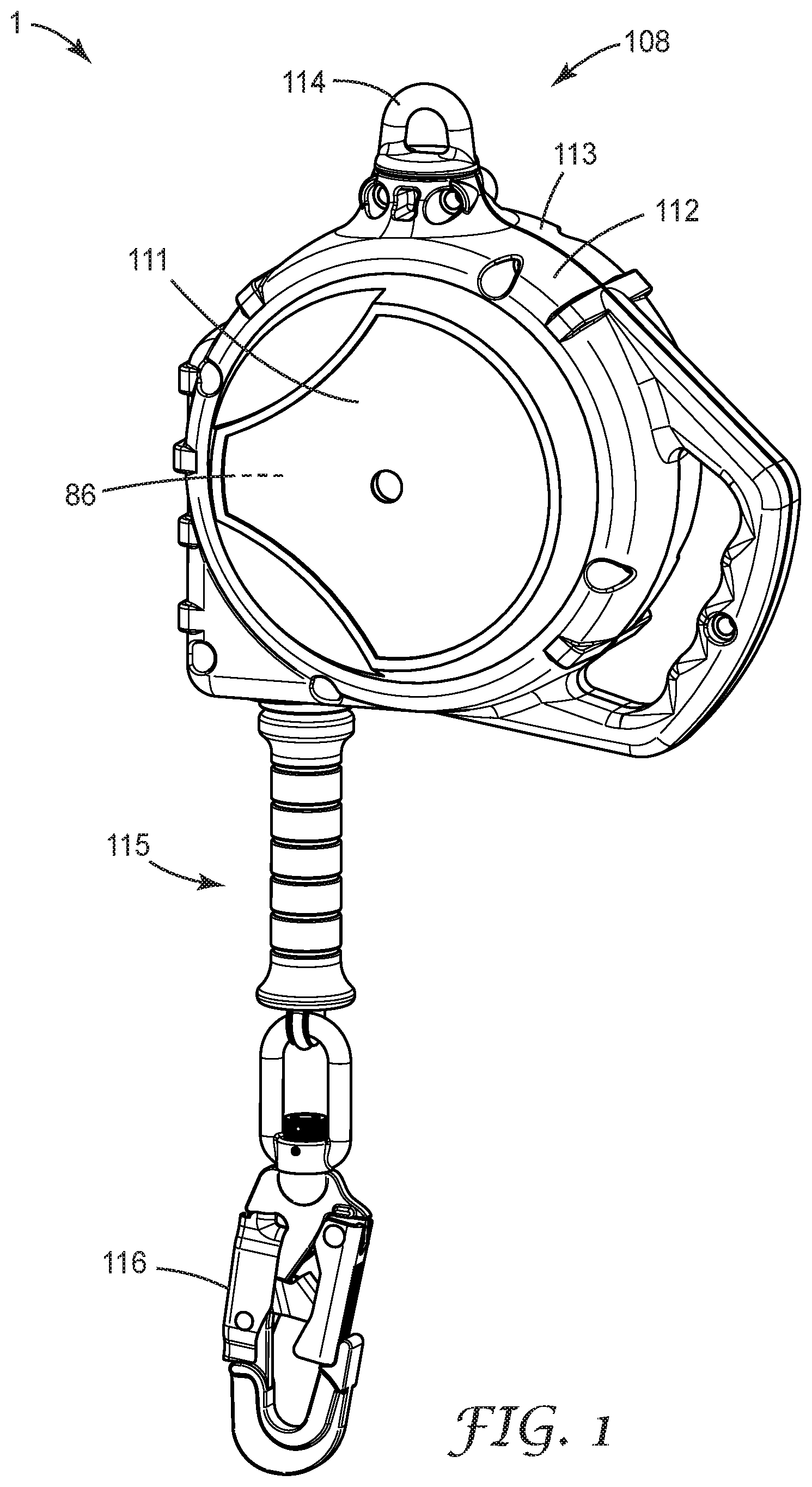 Patent US11779784 — Fall-protection apparatus with braking device comprising flexure-borne pawl and drum-mounted buttress — Figure 1