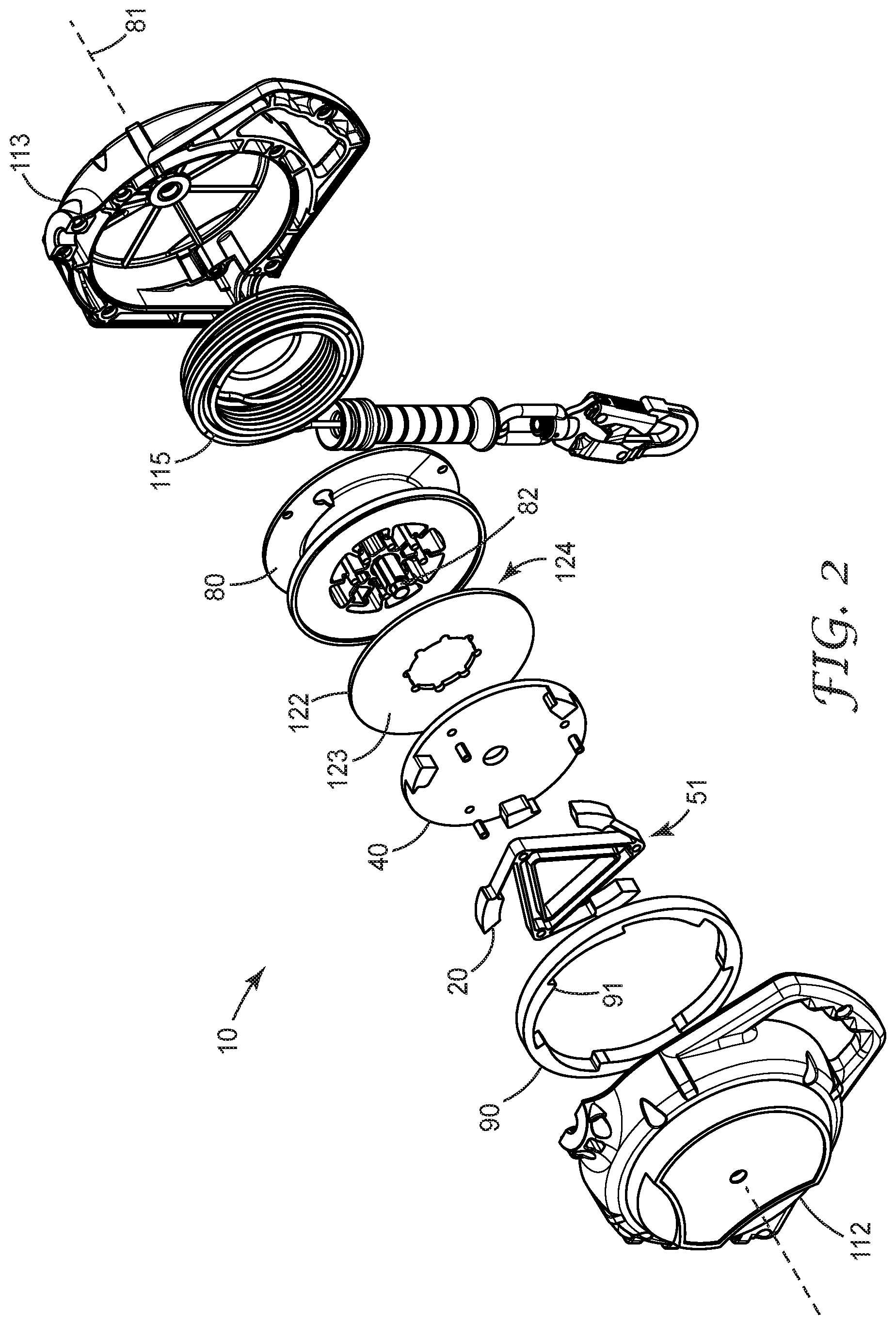 Patent US11779784 Figure 2 – Fall-protection apparatus with braking device comprising flexure-borne pawl and drum-mounted buttress
