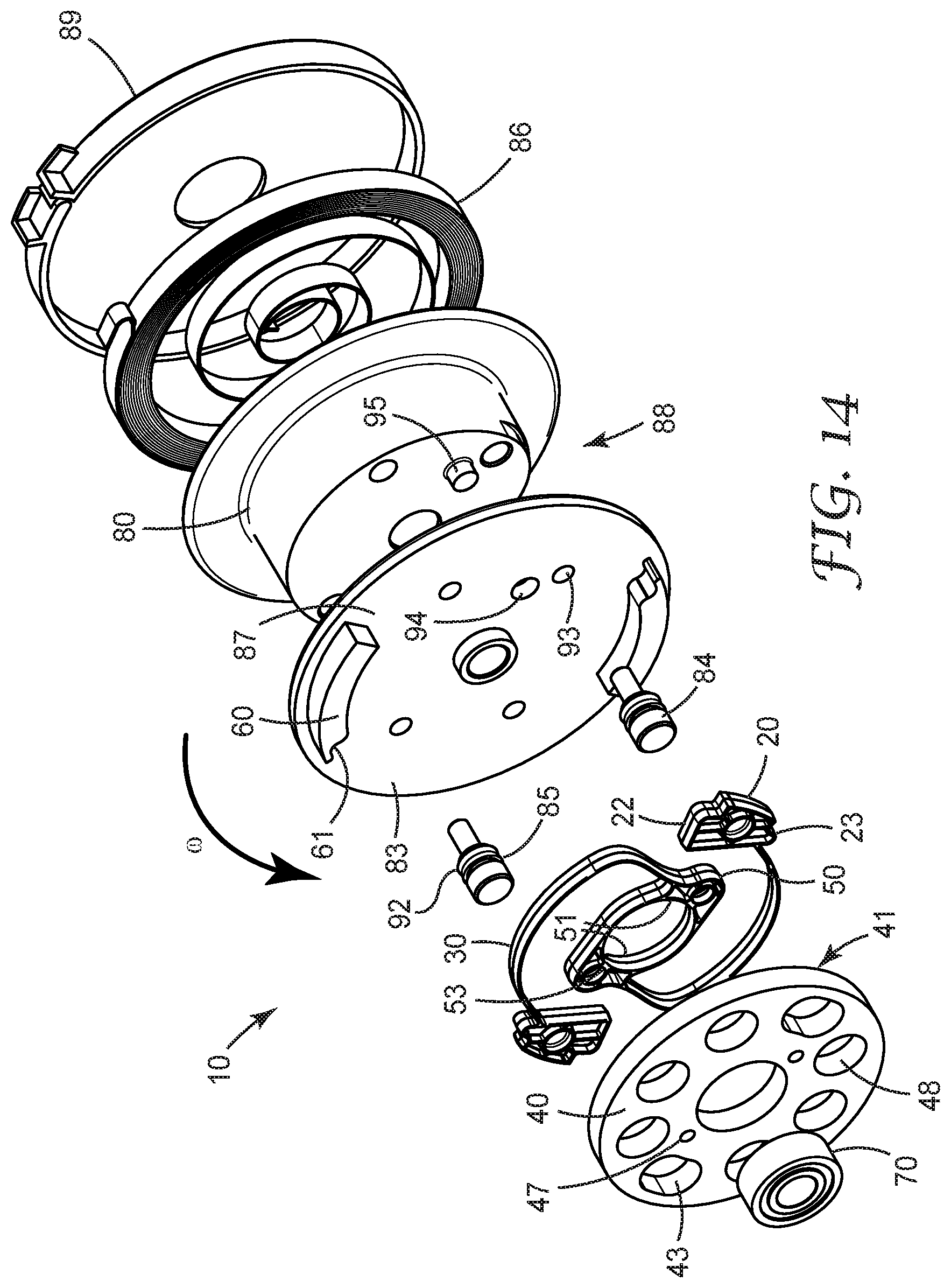 Patent US11779784 Figure 10 – Fall-protection apparatus with braking device comprising flexure-borne pawl and drum-mounted buttress