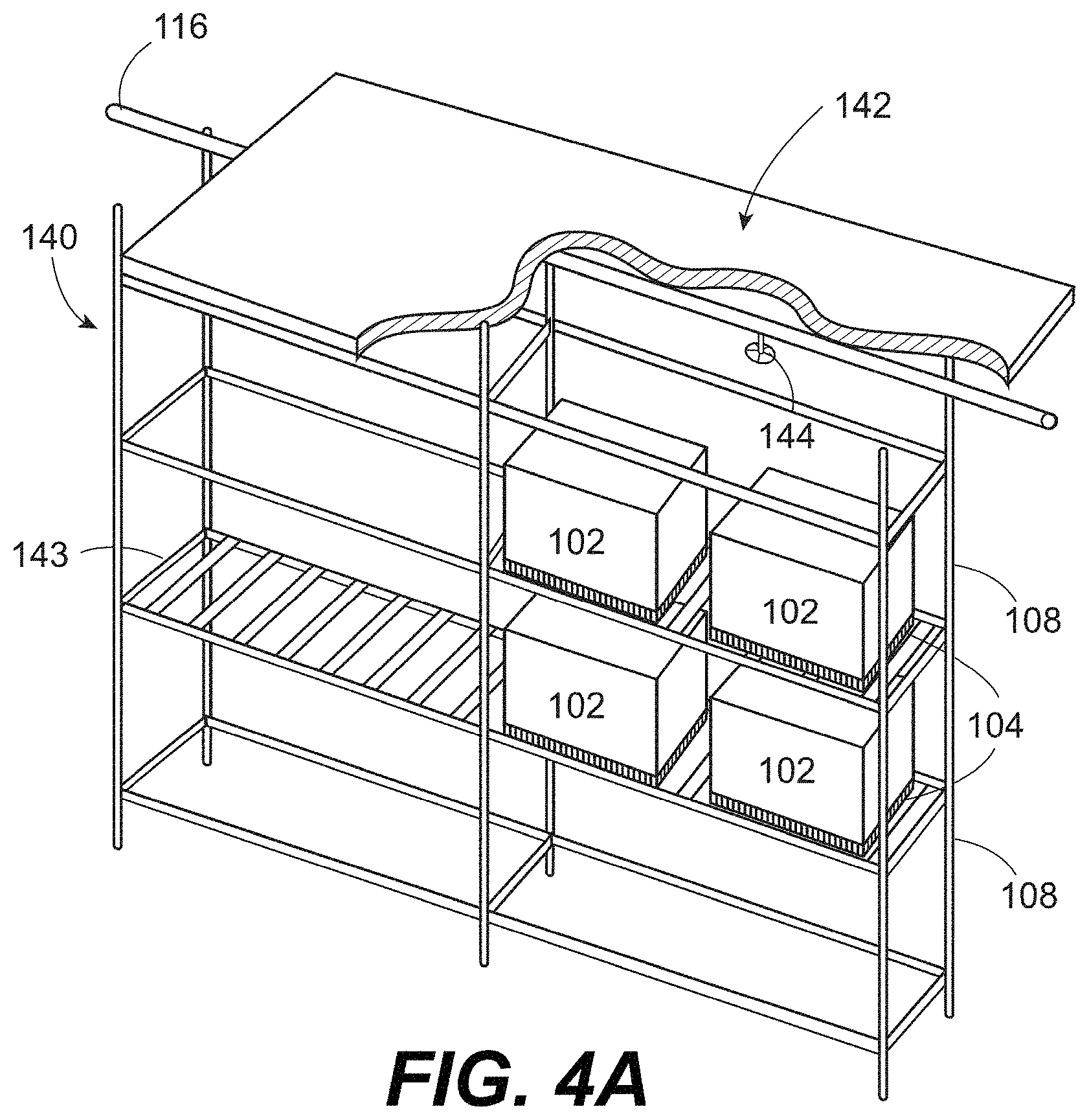 Patent US11779785 Figure 4 – In-rack fire protection sprinkler system including at least one unitary horizontal barrier that covers racks of adjoining racks and at least one rack level fire protection sprinkler disposed below the at least one horizontal barrier