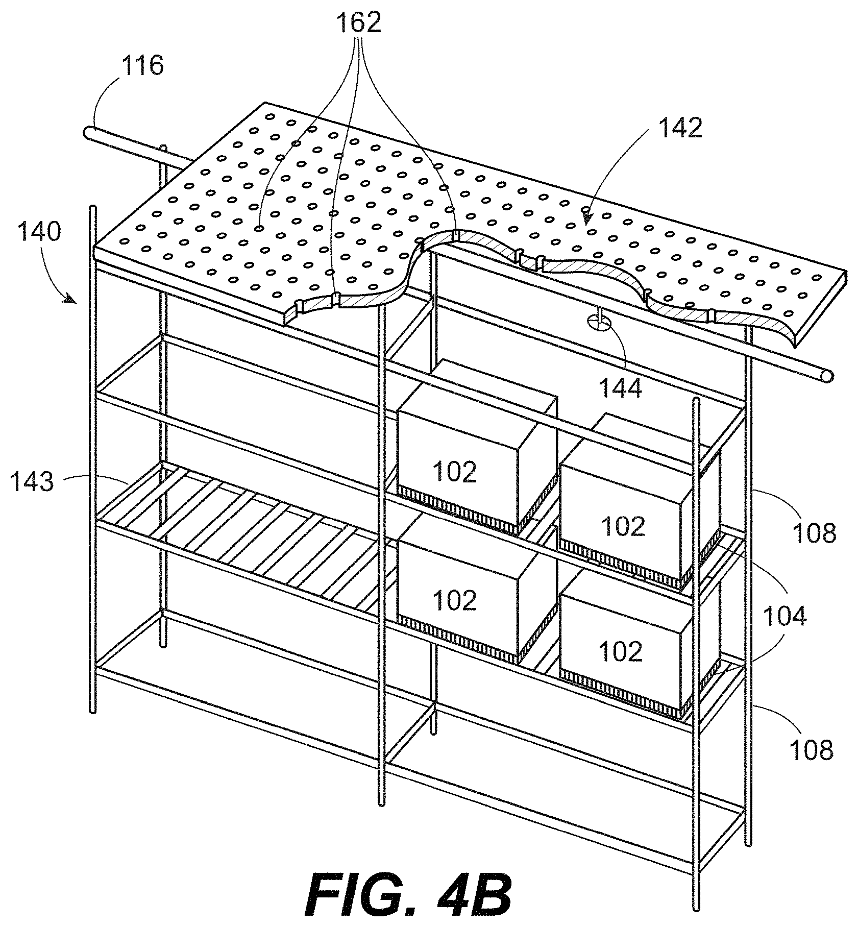 Patent US11779785 Figure 5 – In-rack fire protection sprinkler system including at least one unitary horizontal barrier that covers racks of adjoining racks and at least one rack level fire protection sprinkler disposed below the at least one horizontal barrier