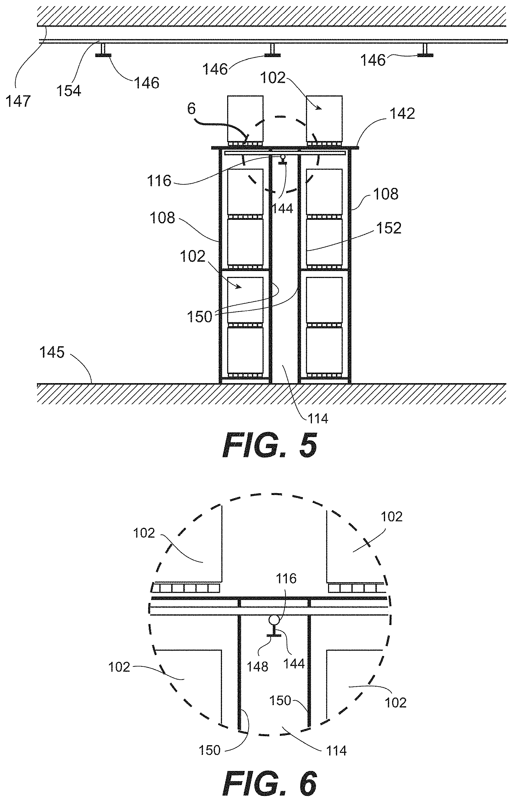 Patent US11779785 Figure 6 – In-rack fire protection sprinkler system including at least one unitary horizontal barrier that covers racks of adjoining racks and at least one rack level fire protection sprinkler disposed below the at least one horizontal barrier