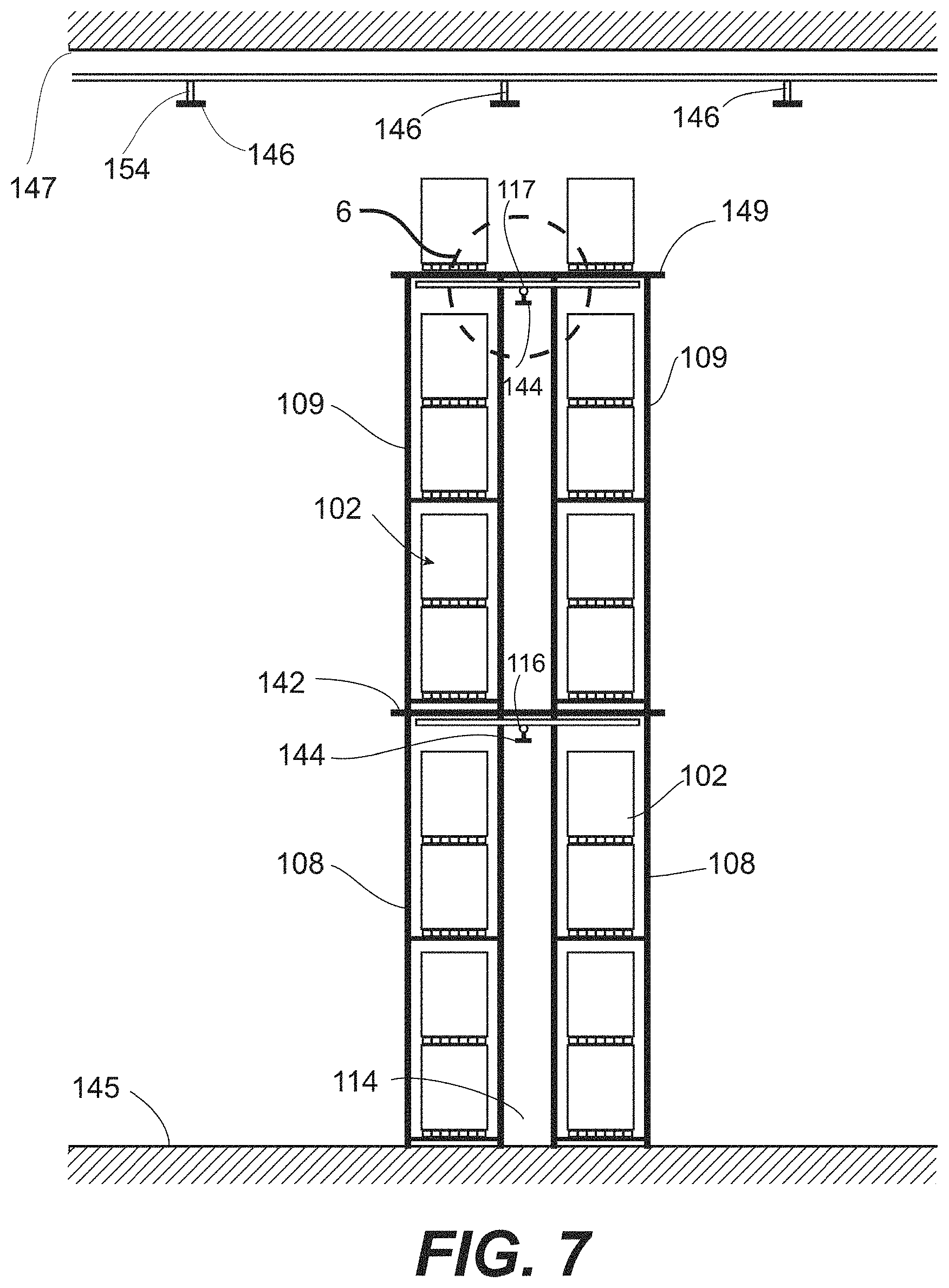 Patent US11779785 Figure 7 – In-rack fire protection sprinkler system including at least one unitary horizontal barrier that covers racks of adjoining racks and at least one rack level fire protection sprinkler disposed below the at least one horizontal barrier