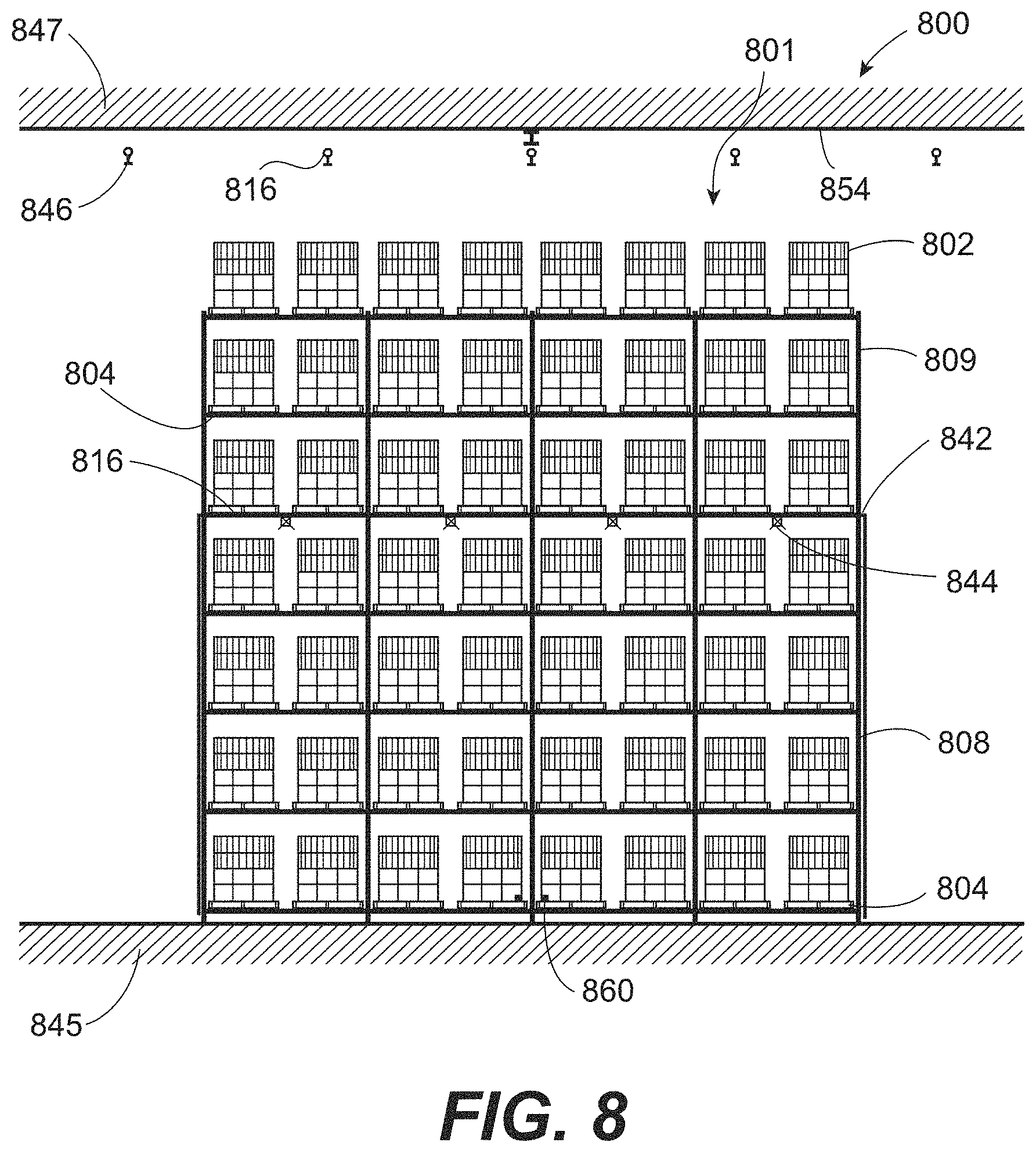 Patent US11779785 Figure 8 – In-rack fire protection sprinkler system including at least one unitary horizontal barrier that covers racks of adjoining racks and at least one rack level fire protection sprinkler disposed below the at least one horizontal barrier