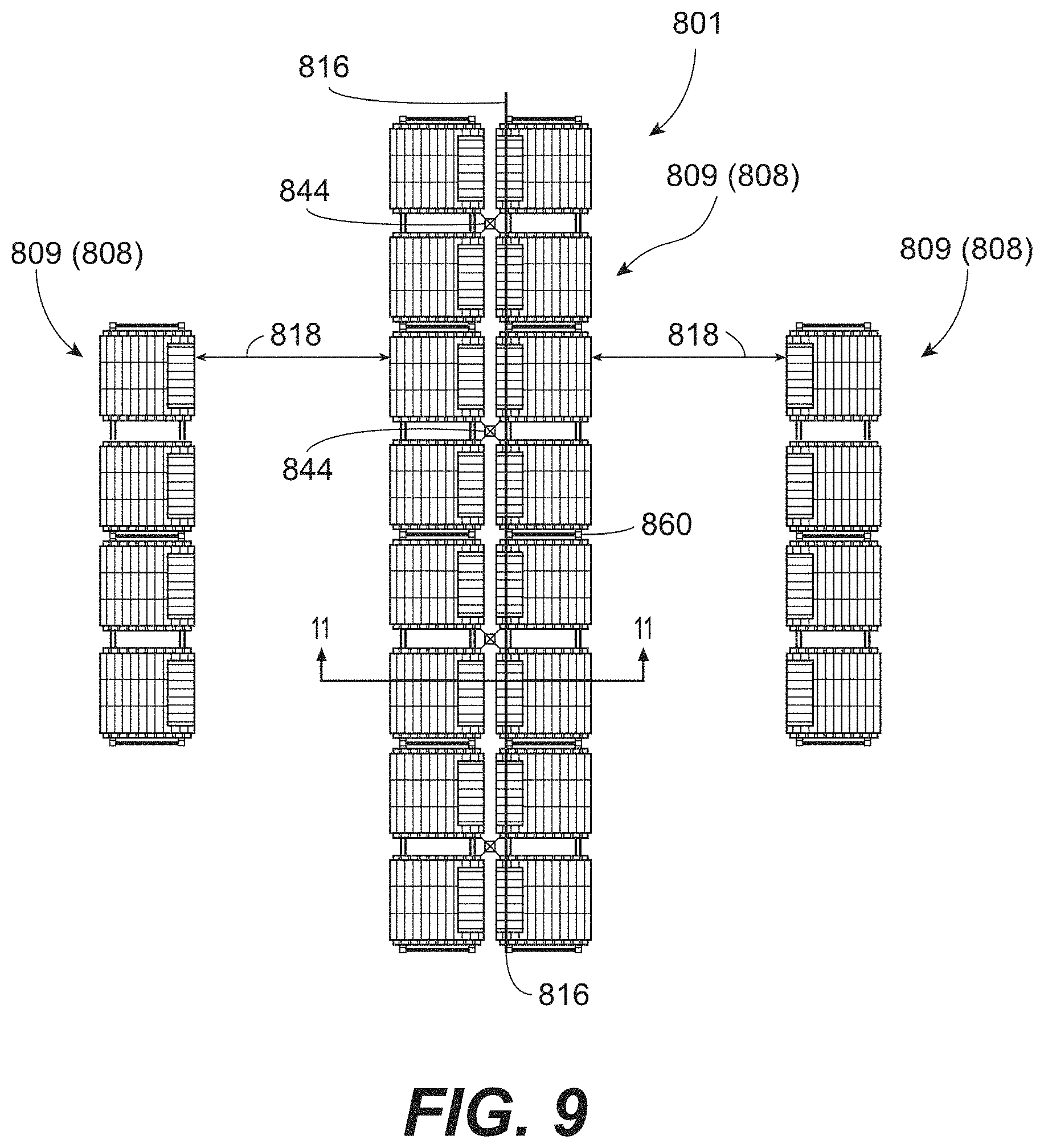 Patent US11779785 Figure 9 – In-rack fire protection sprinkler system including at least one unitary horizontal barrier that covers racks of adjoining racks and at least one rack level fire protection sprinkler disposed below the at least one horizontal barrier