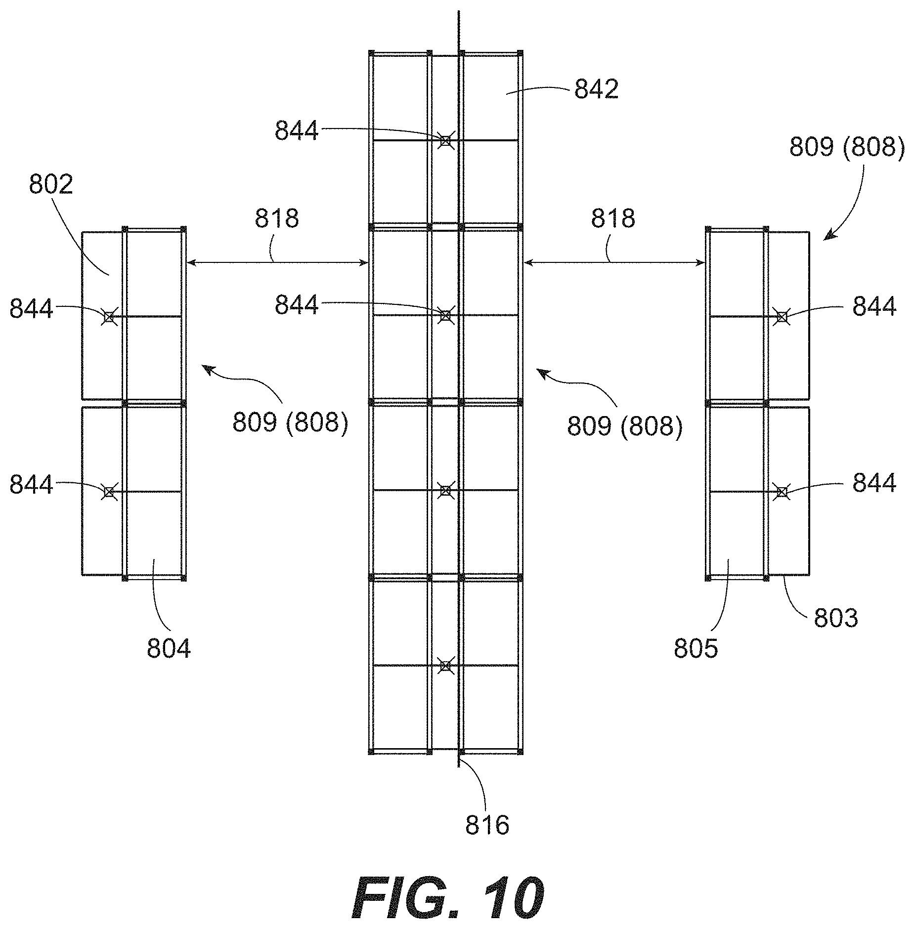 Patent US11779785 Figure 10 – In-rack fire protection sprinkler system including at least one unitary horizontal barrier that covers racks of adjoining racks and at least one rack level fire protection sprinkler disposed below the at least one horizontal barrier