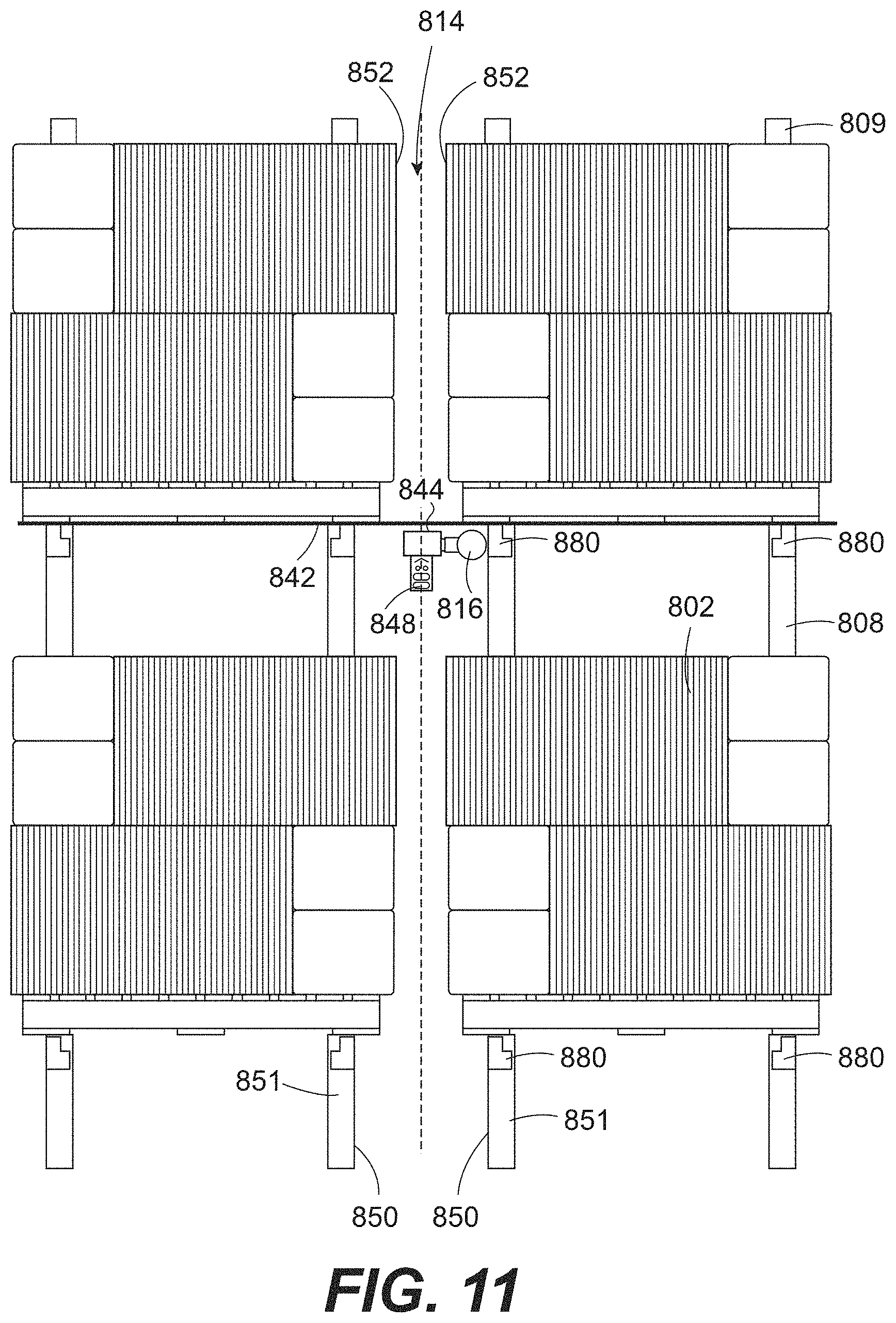 Patent US11779785 Figure 11 – In-rack fire protection sprinkler system including at least one unitary horizontal barrier that covers racks of adjoining racks and at least one rack level fire protection sprinkler disposed below the at least one horizontal barrier