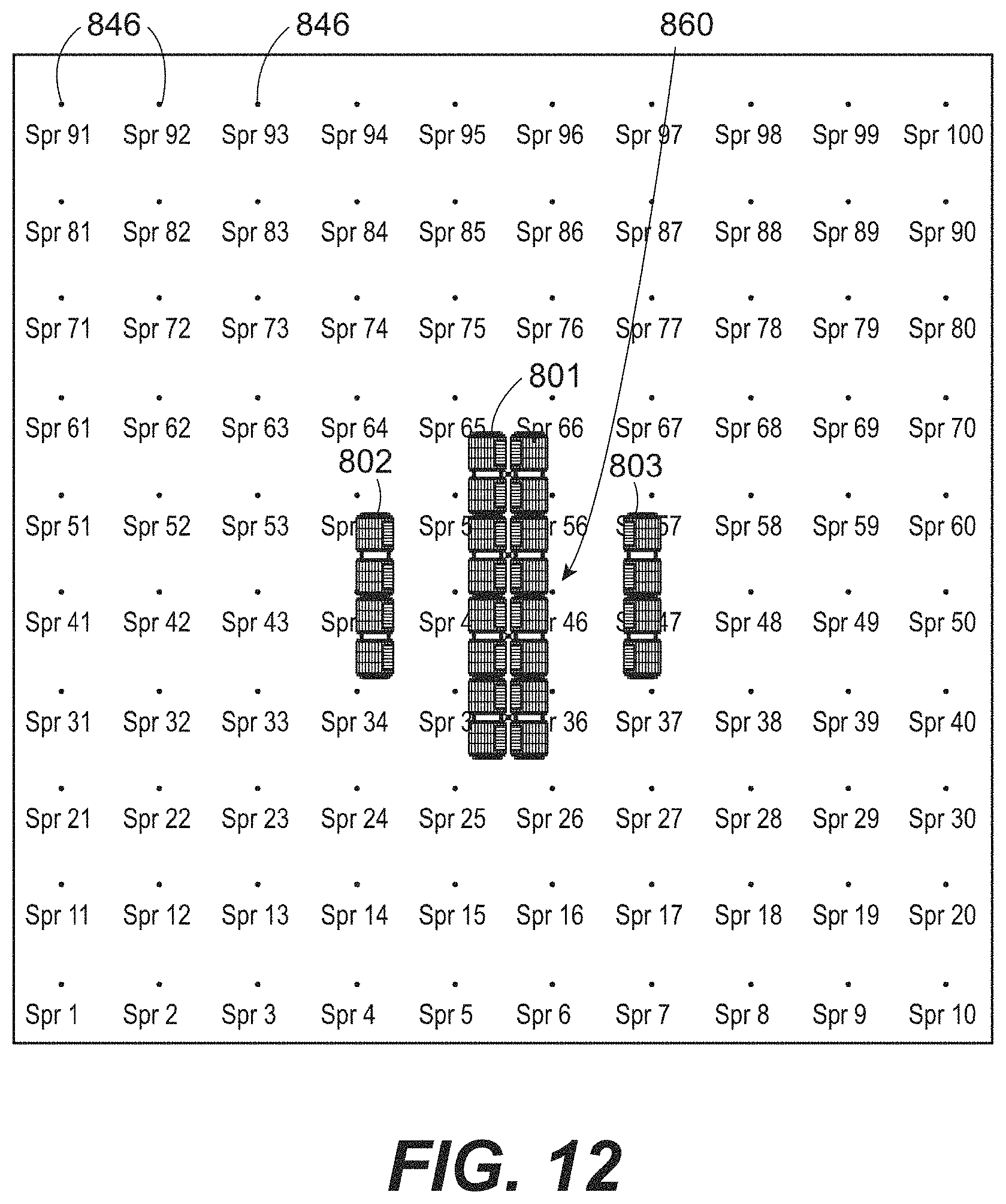 Patent US11779785 Figure 12 – In-rack fire protection sprinkler system including at least one unitary horizontal barrier that covers racks of adjoining racks and at least one rack level fire protection sprinkler disposed below the at least one horizontal barrier