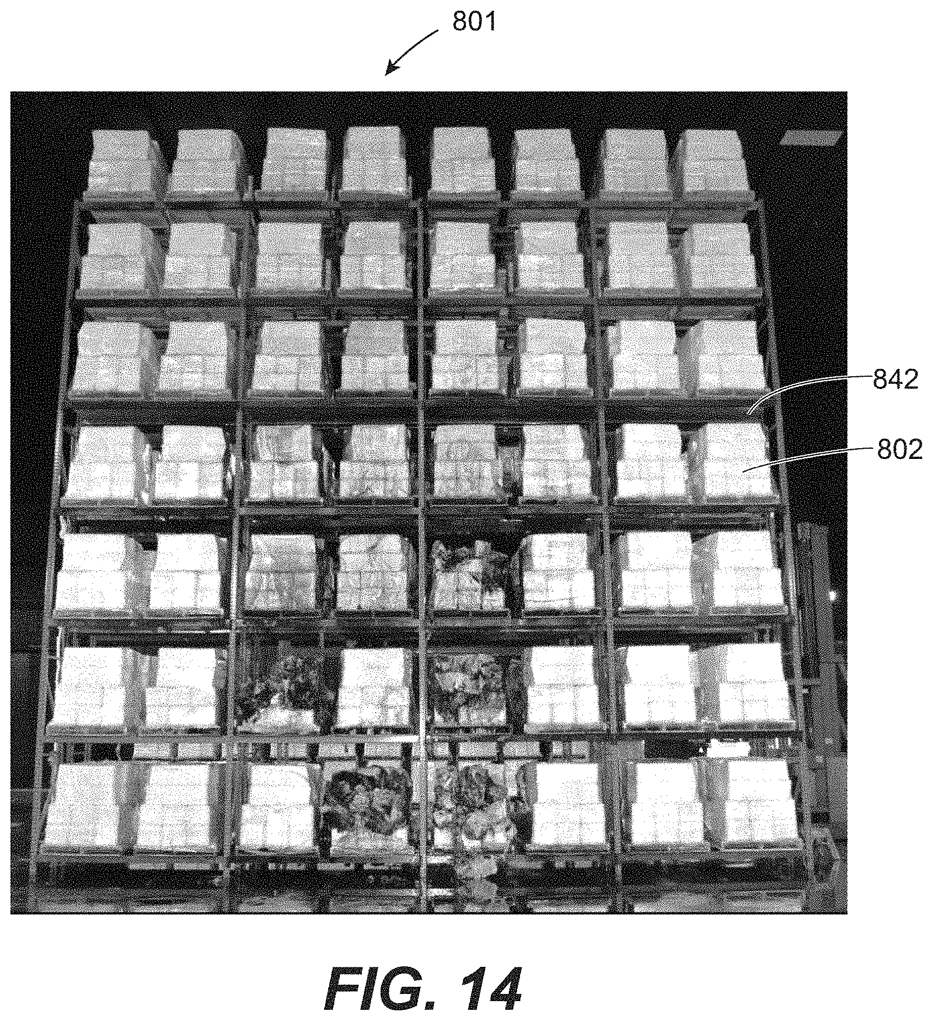 Patent US11779785 Figure 14 – In-rack fire protection sprinkler system including at least one unitary horizontal barrier that covers racks of adjoining racks and at least one rack level fire protection sprinkler disposed below the at least one horizontal barrier