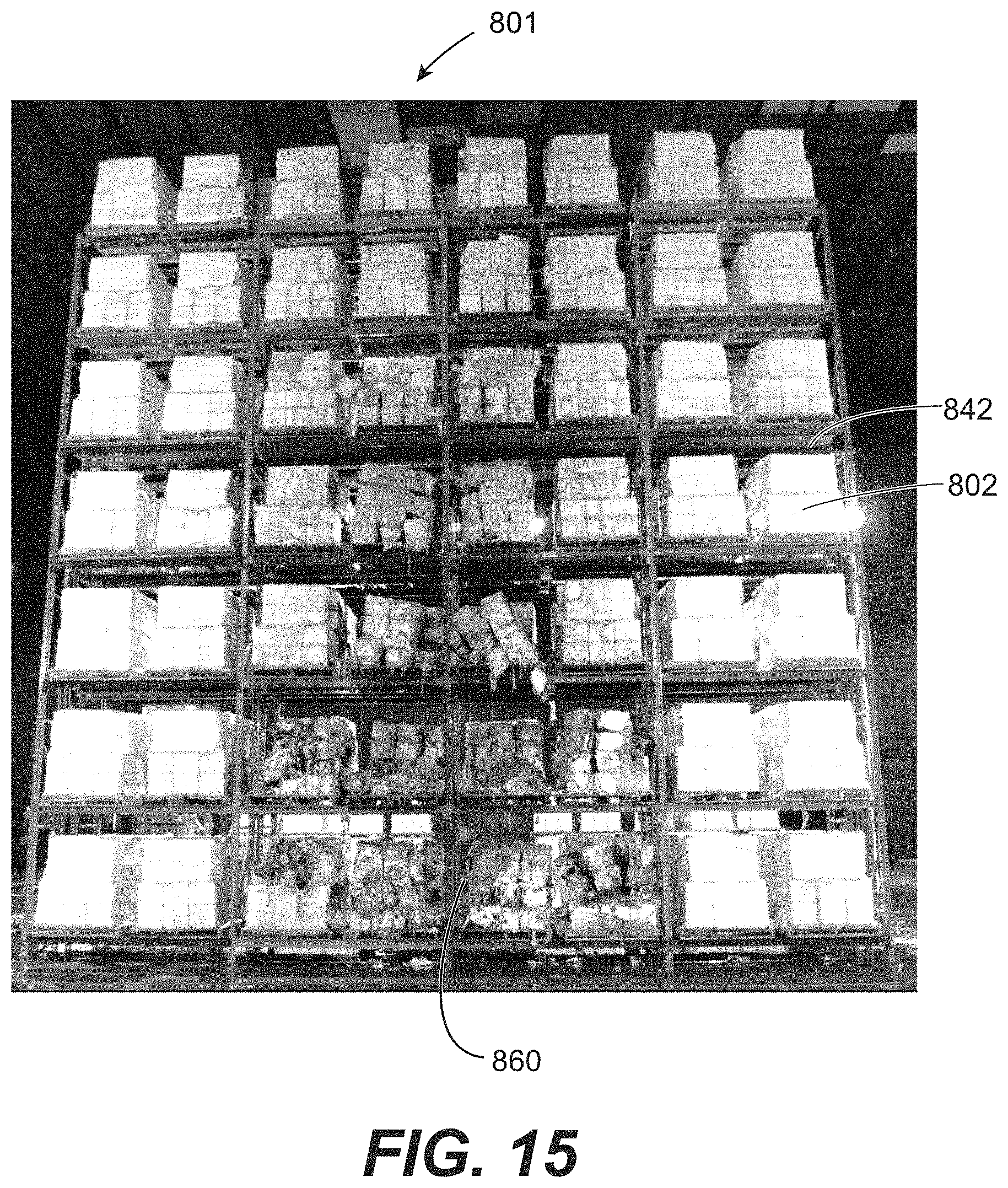 Patent US11779785 Figure 15 – In-rack fire protection sprinkler system including at least one unitary horizontal barrier that covers racks of adjoining racks and at least one rack level fire protection sprinkler disposed below the at least one horizontal barrier
