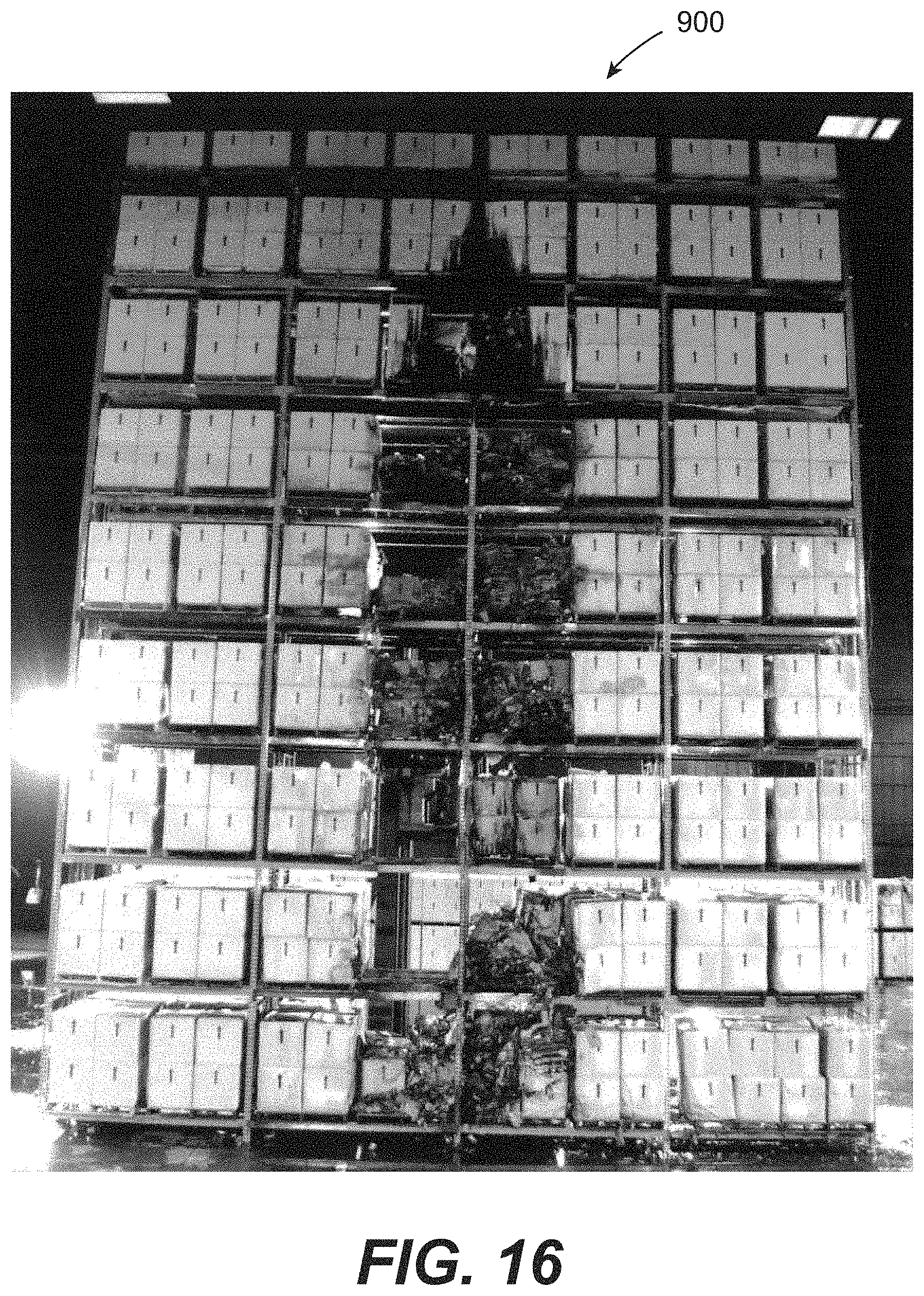 Patent US11779785 Figure 16 – In-rack fire protection sprinkler system including at least one unitary horizontal barrier that covers racks of adjoining racks and at least one rack level fire protection sprinkler disposed below the at least one horizontal barrier