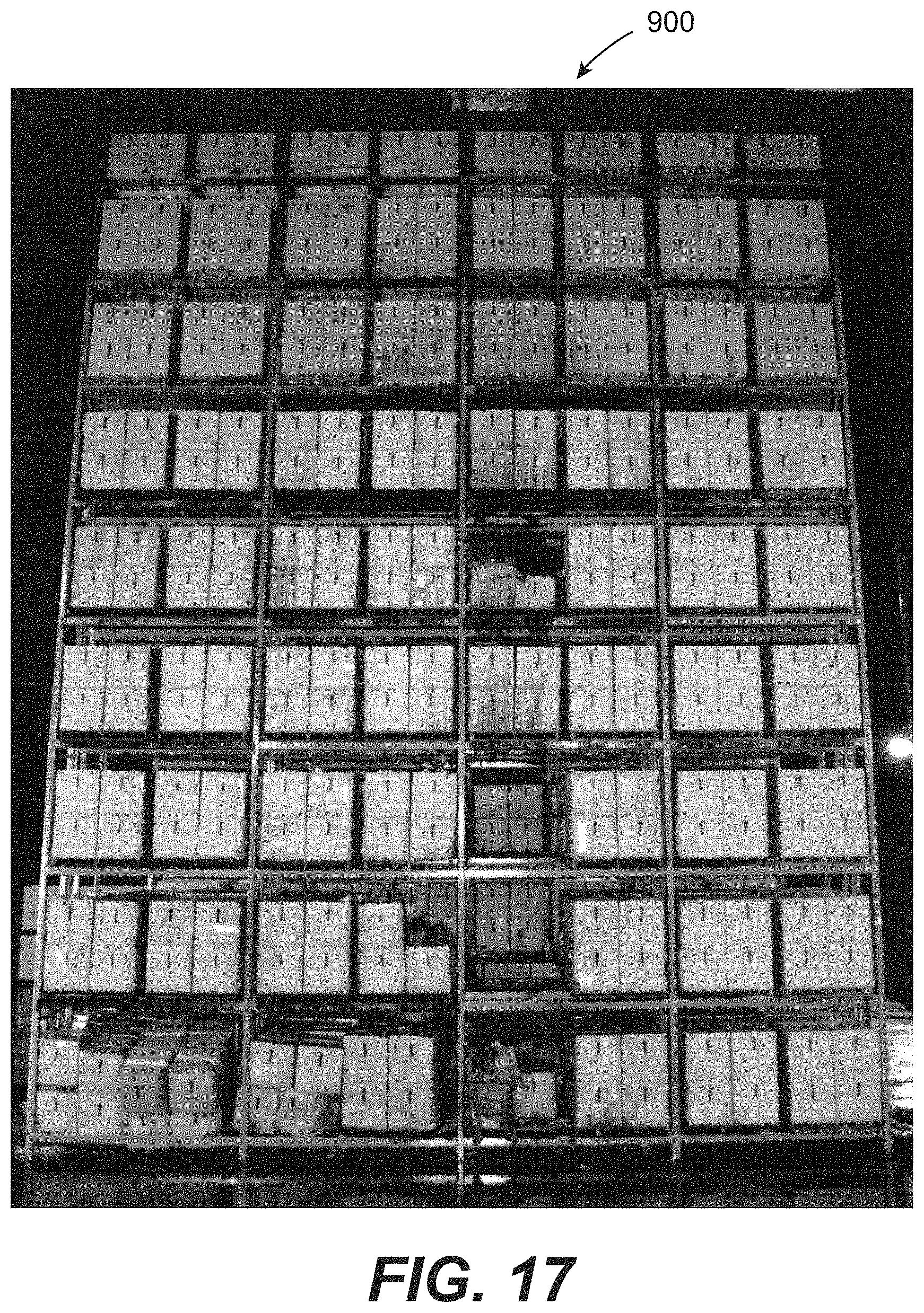 Patent US11779785 Figure 17 – In-rack fire protection sprinkler system including at least one unitary horizontal barrier that covers racks of adjoining racks and at least one rack level fire protection sprinkler disposed below the at least one horizontal barrier
