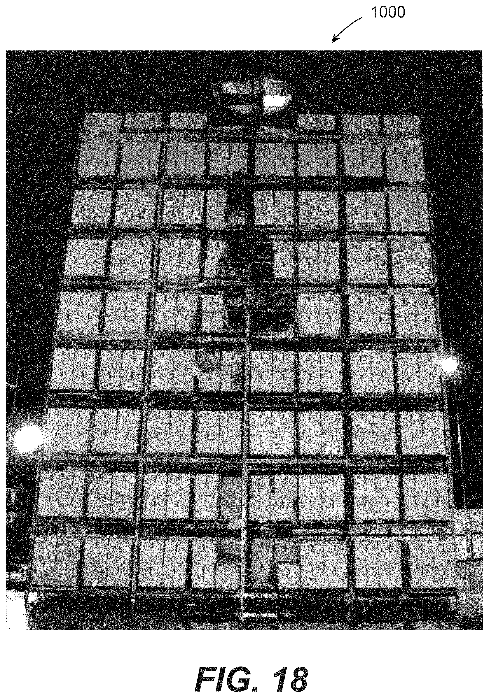 Patent US11779785 Figure 18 – In-rack fire protection sprinkler system including at least one unitary horizontal barrier that covers racks of adjoining racks and at least one rack level fire protection sprinkler disposed below the at least one horizontal barrier