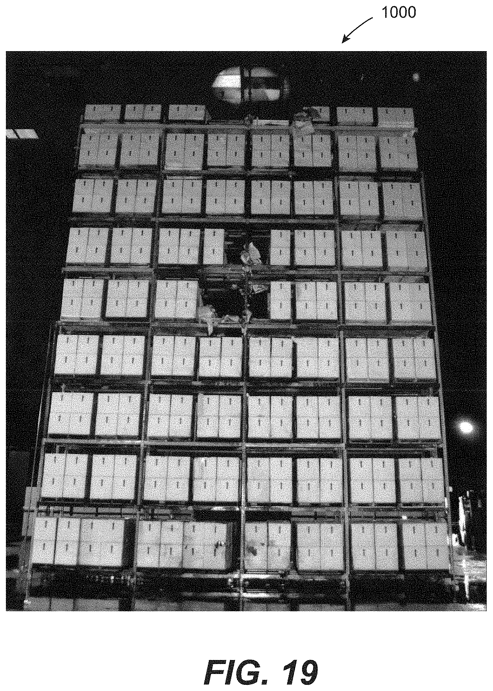 Patent US11779785 Figure 19 – In-rack fire protection sprinkler system including at least one unitary horizontal barrier that covers racks of adjoining racks and at least one rack level fire protection sprinkler disposed below the at least one horizontal barrier