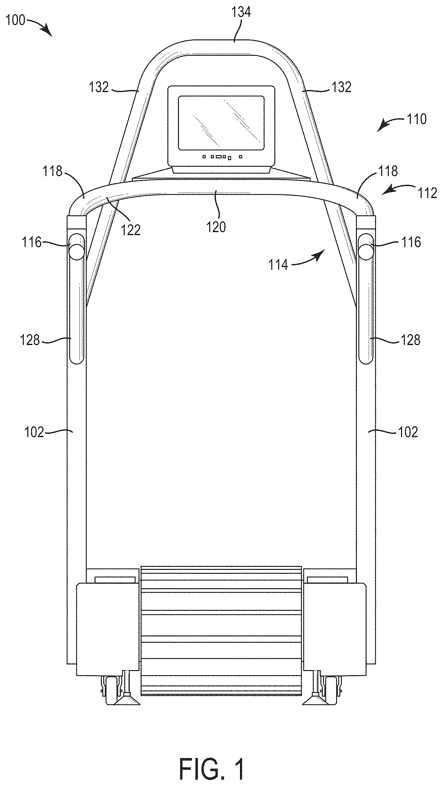 Patent US11779801 Figure 1 – Handrail configuration for a treadmill