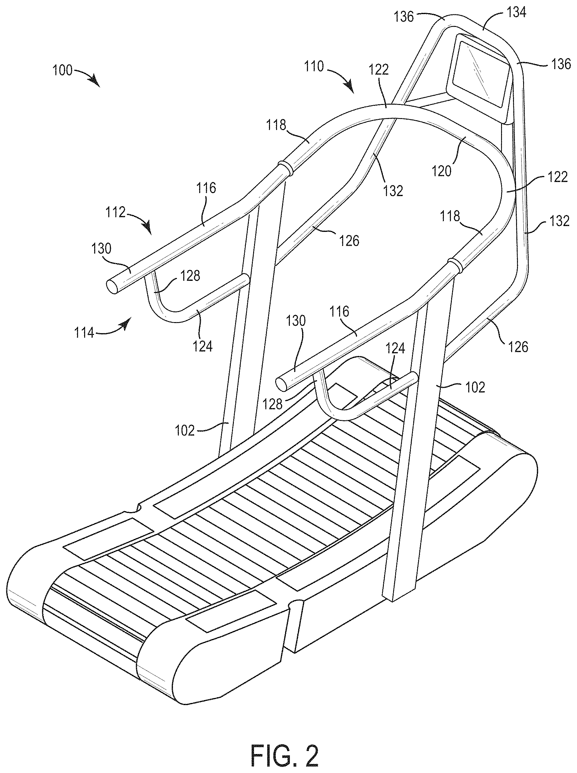 Patent US11779801 Figure 2 – Handrail configuration for a treadmill