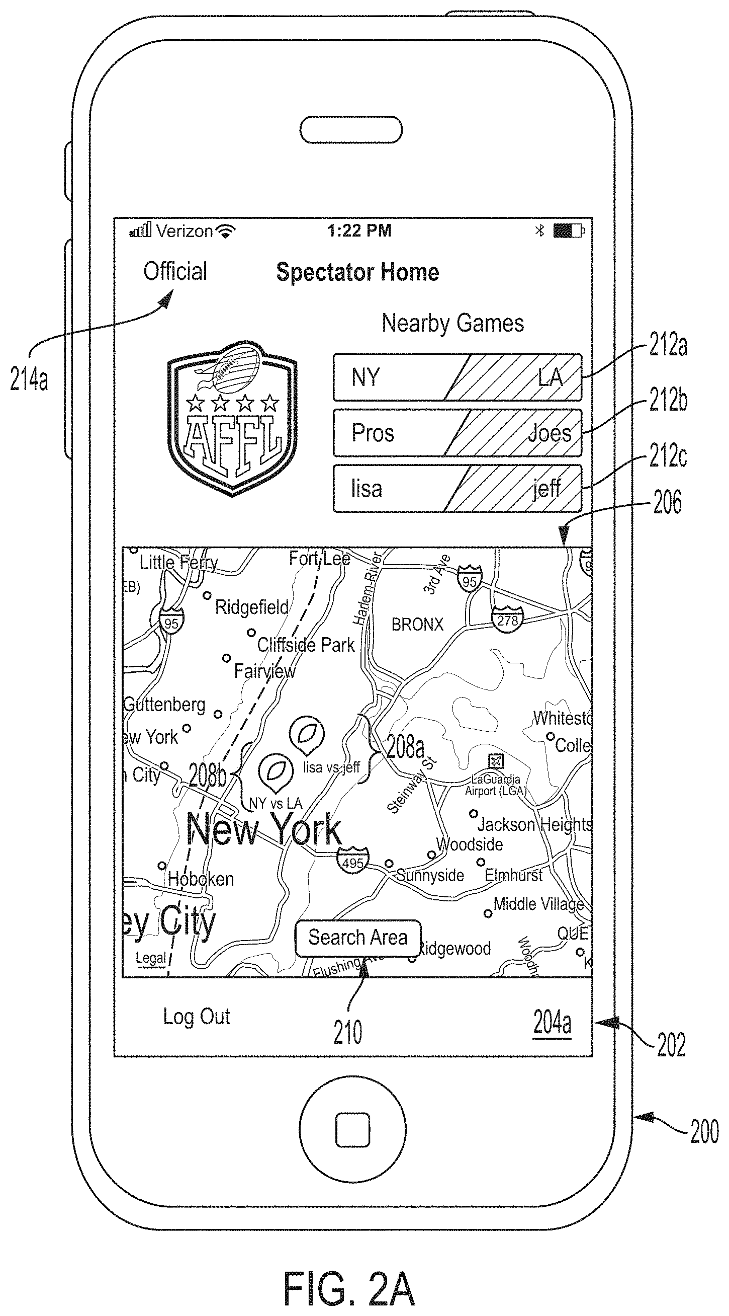 Patent US11779827 Figure 2 – System and user interface for officiating and spectating flag football