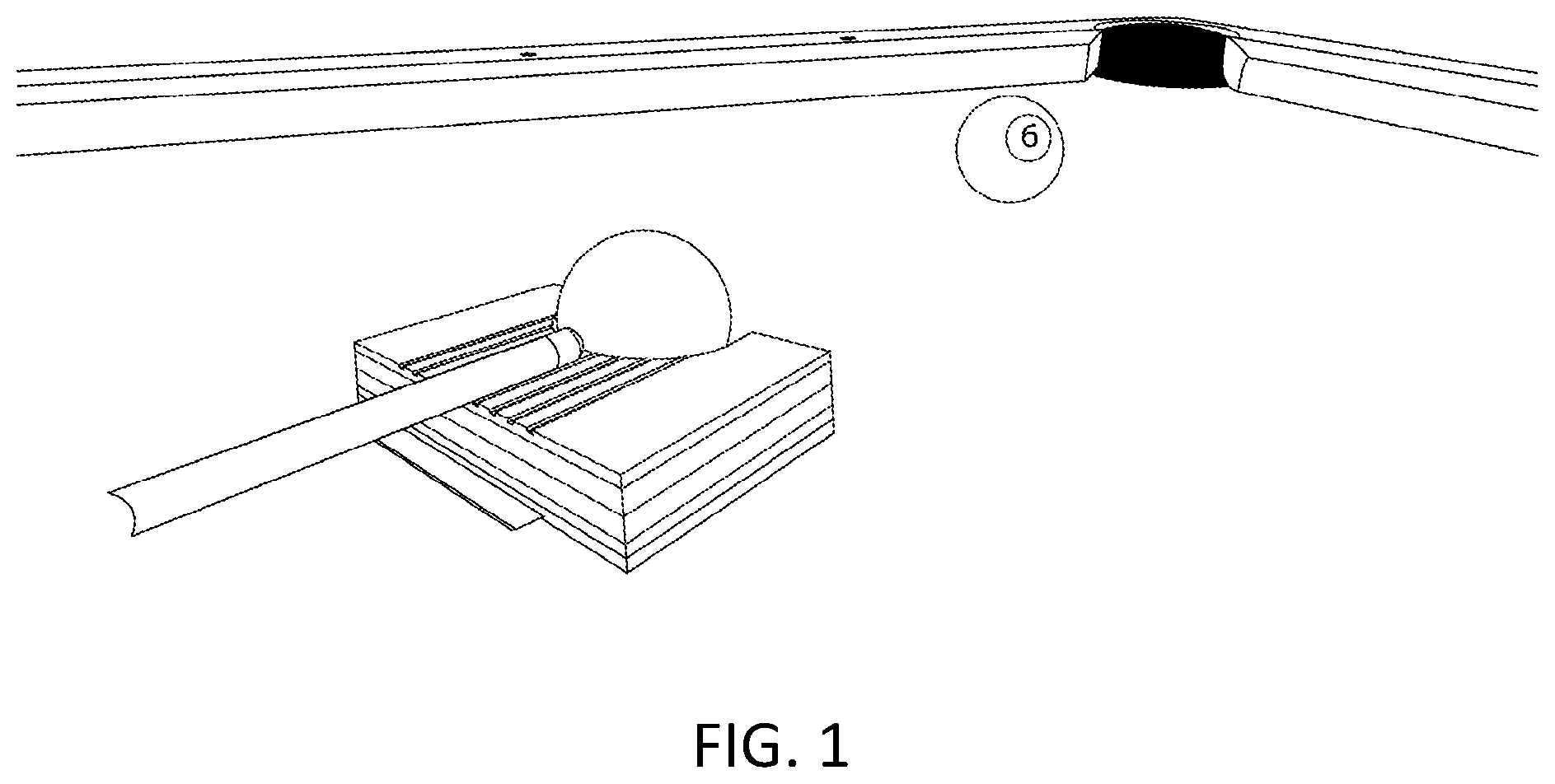 Patent US11779832 Figure 1 – Billiard training device to control the cue ball after impacting a target ball