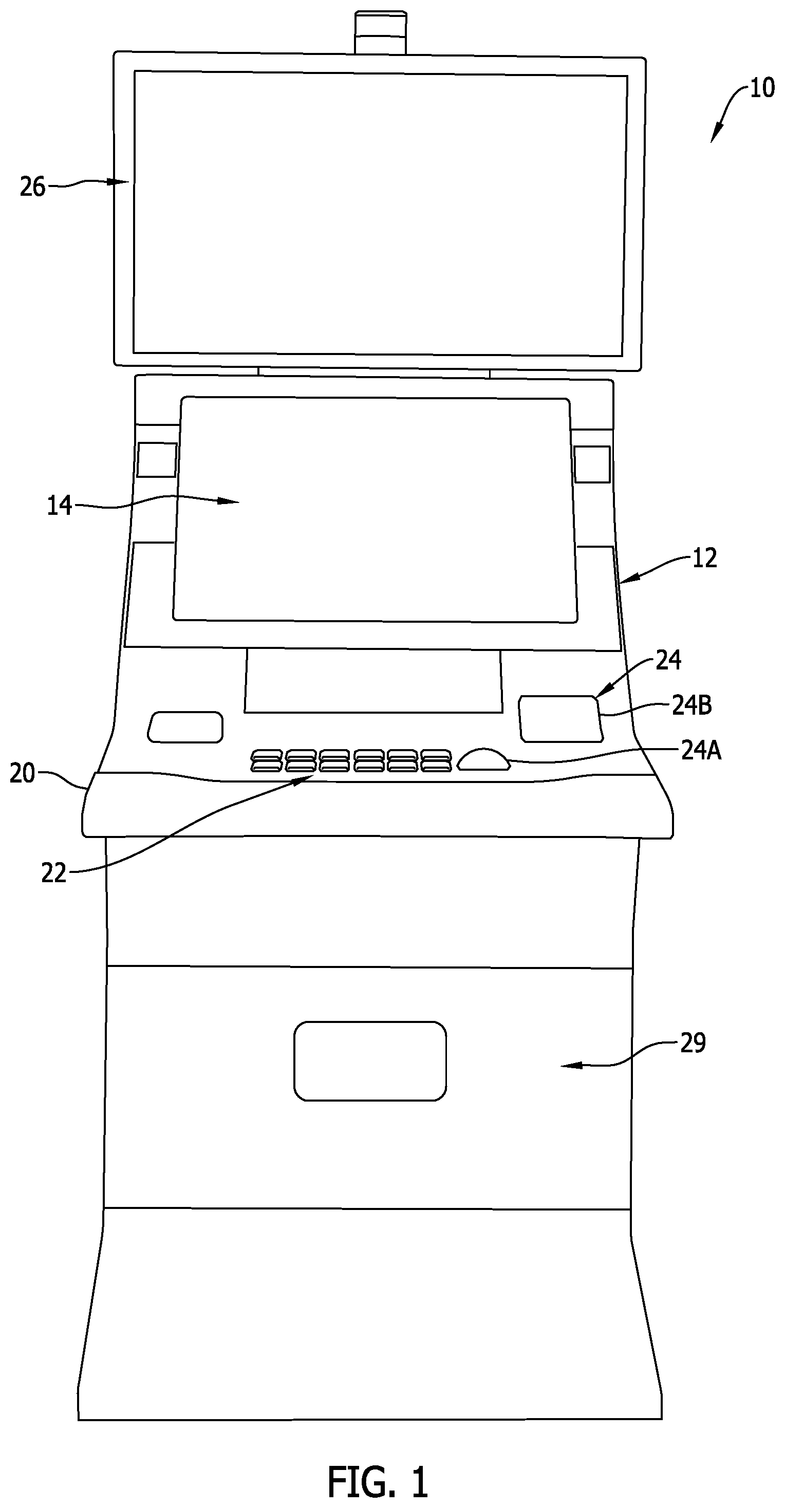 Patent US11779849 Figure 1 – Electronic gaming machine including a wireless charging apparatus