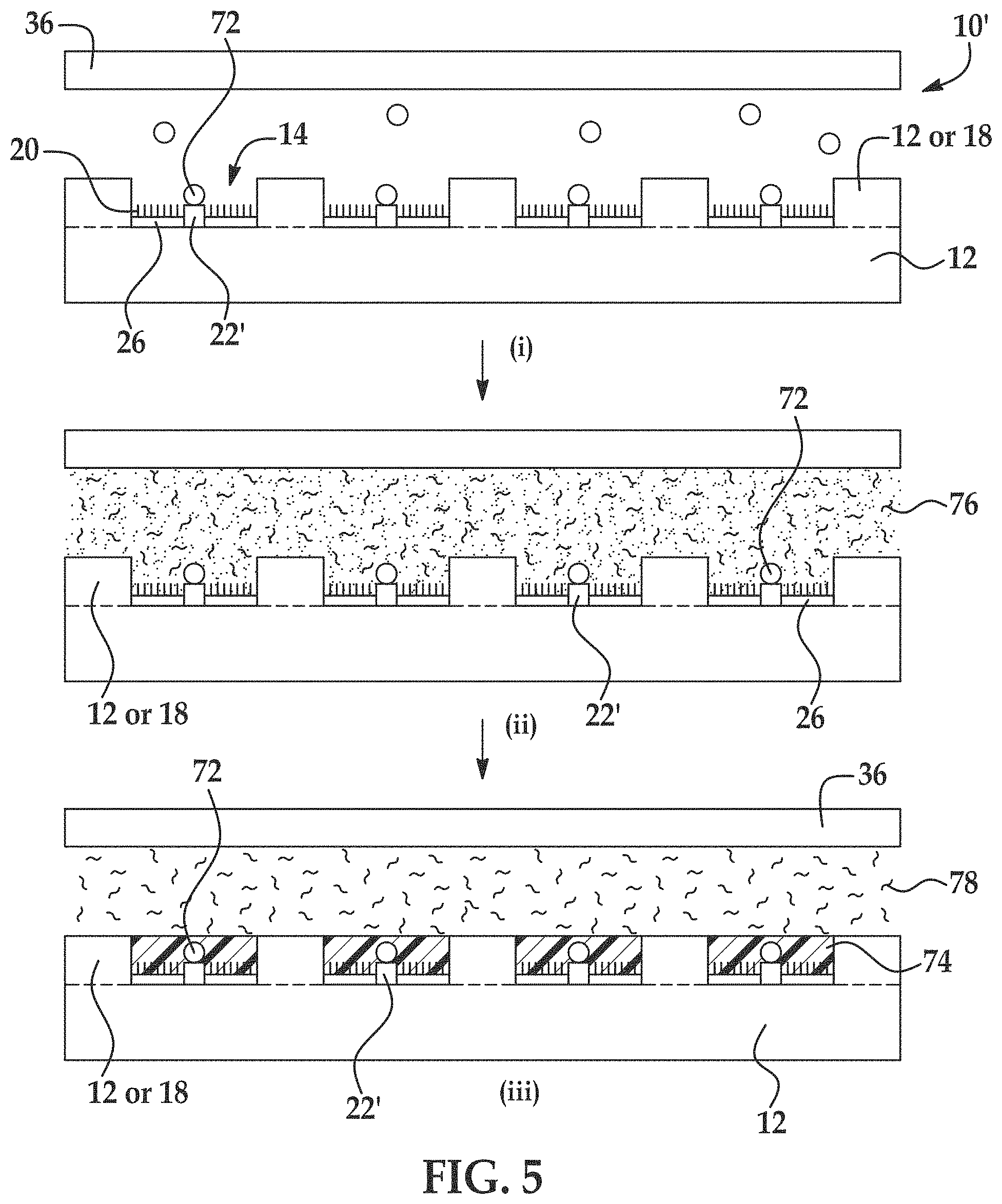 Patent US11779897 Figure 5 – Flow cells using sequencing-ready nucleic acid fragments attached to carrier beads immobilized at capture sites of a plurality of chambers