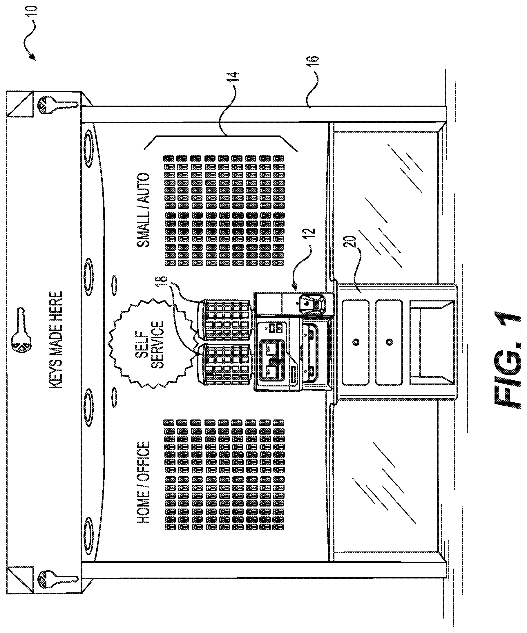Patent US11780017 — Key duplication machine having user-based functionality — Figure 1