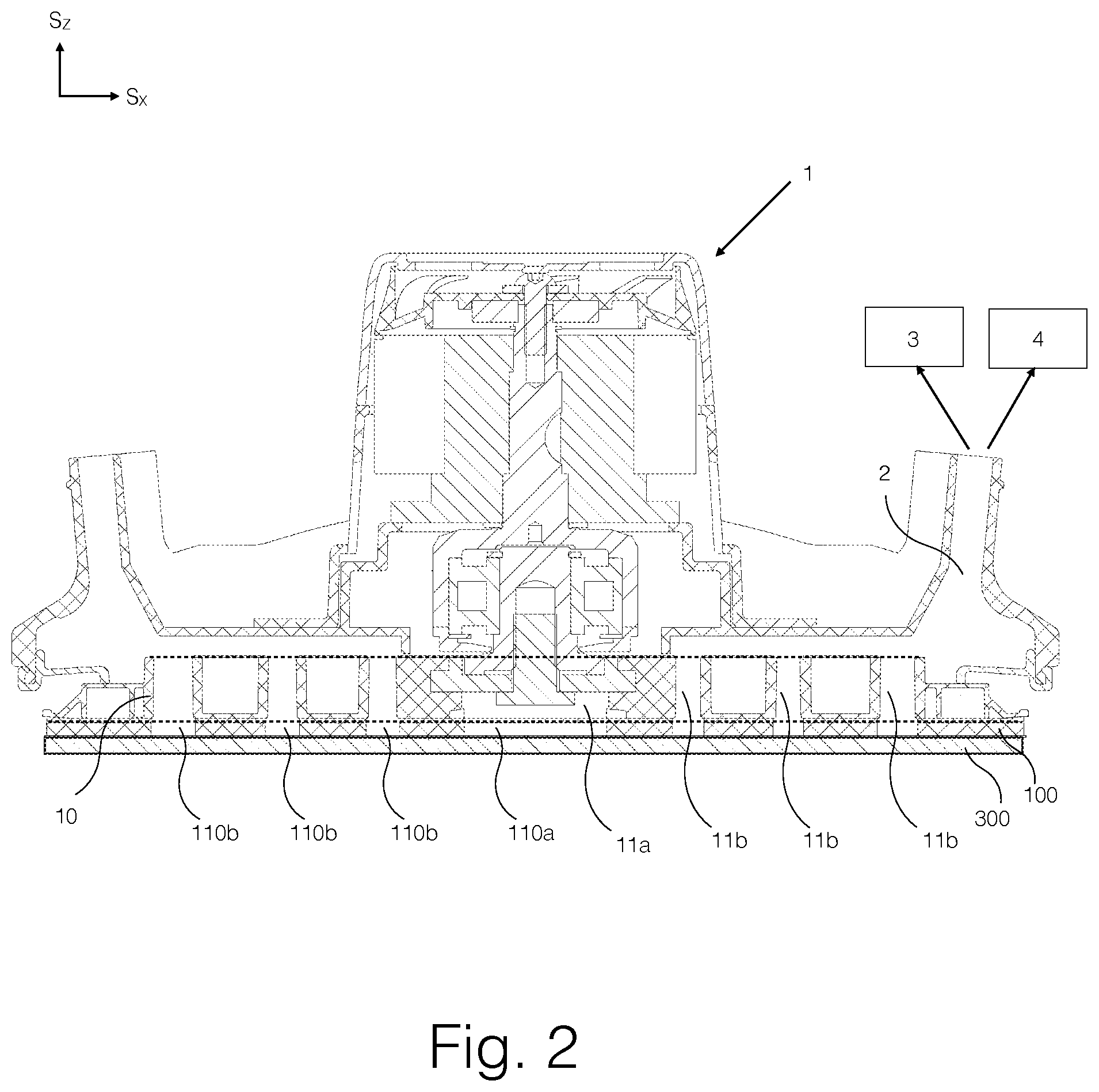 Patent US11780056 Figure 2 – Conduit arrangements in intermediate pad, backing pad, and abrading article for extracting abrading debris