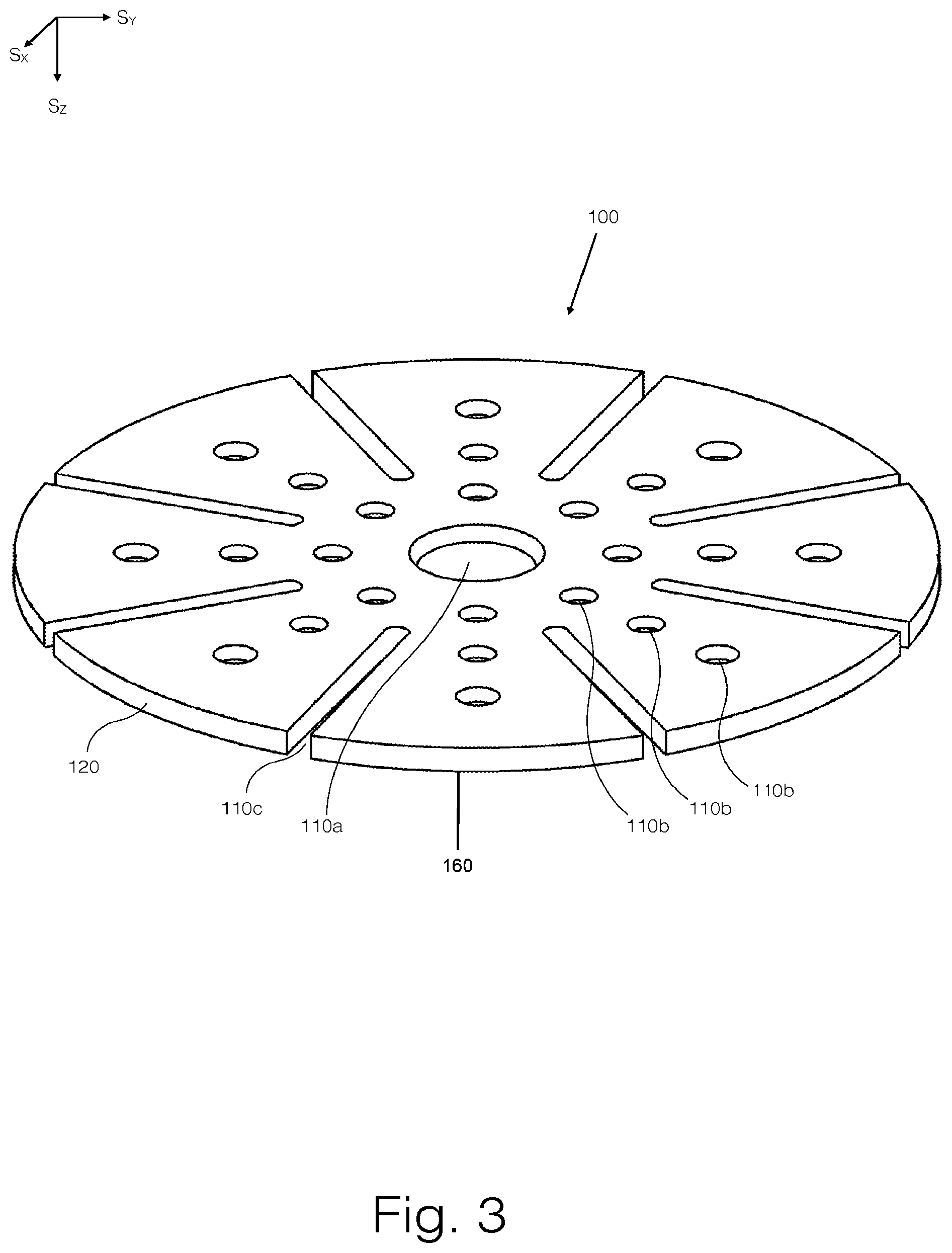 Patent US11780056 Figure 3 – Conduit arrangements in intermediate pad, backing pad, and abrading article for extracting abrading debris
