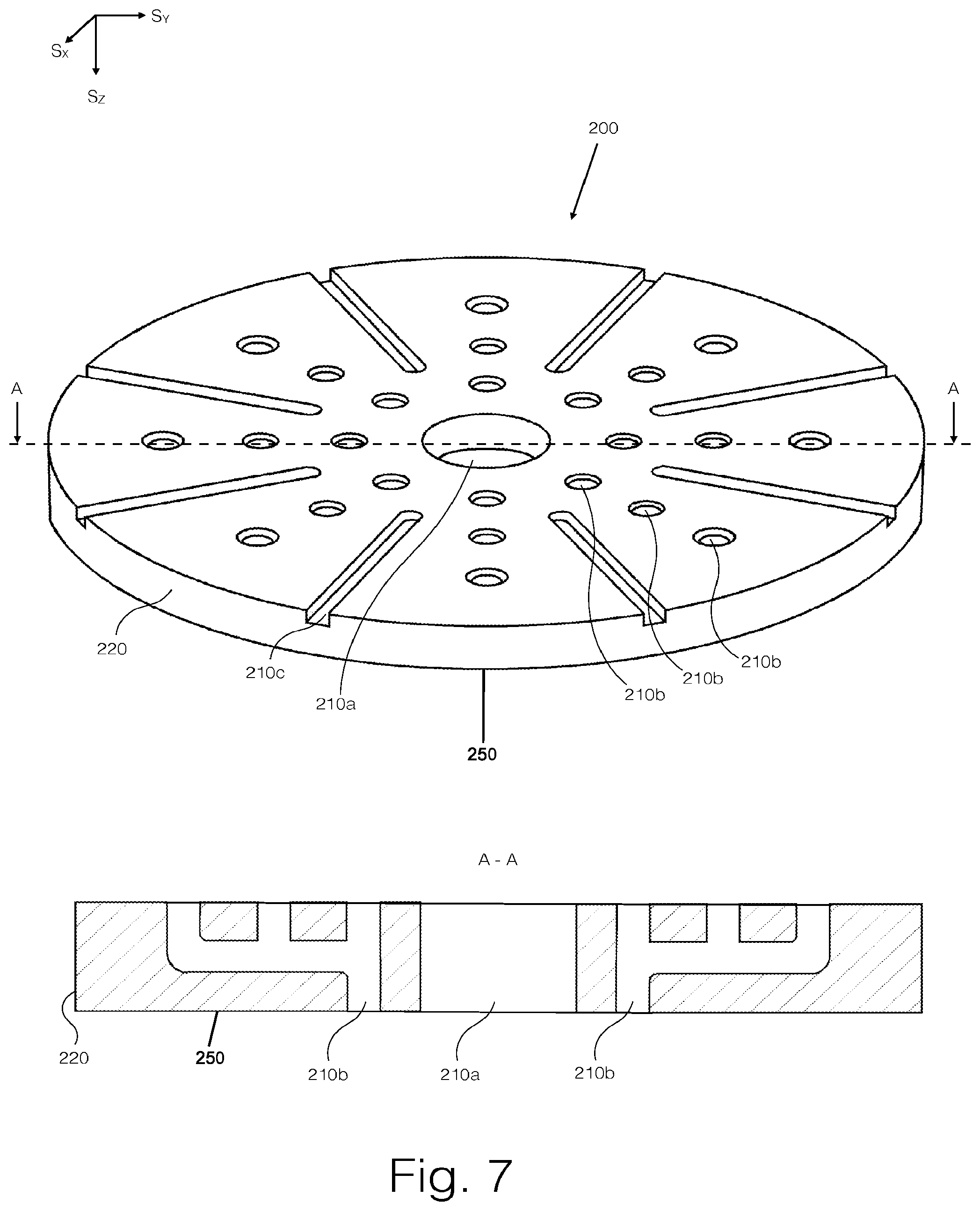 Patent US11780056 Figure 7 – Conduit arrangements in intermediate pad, backing pad, and abrading article for extracting abrading debris