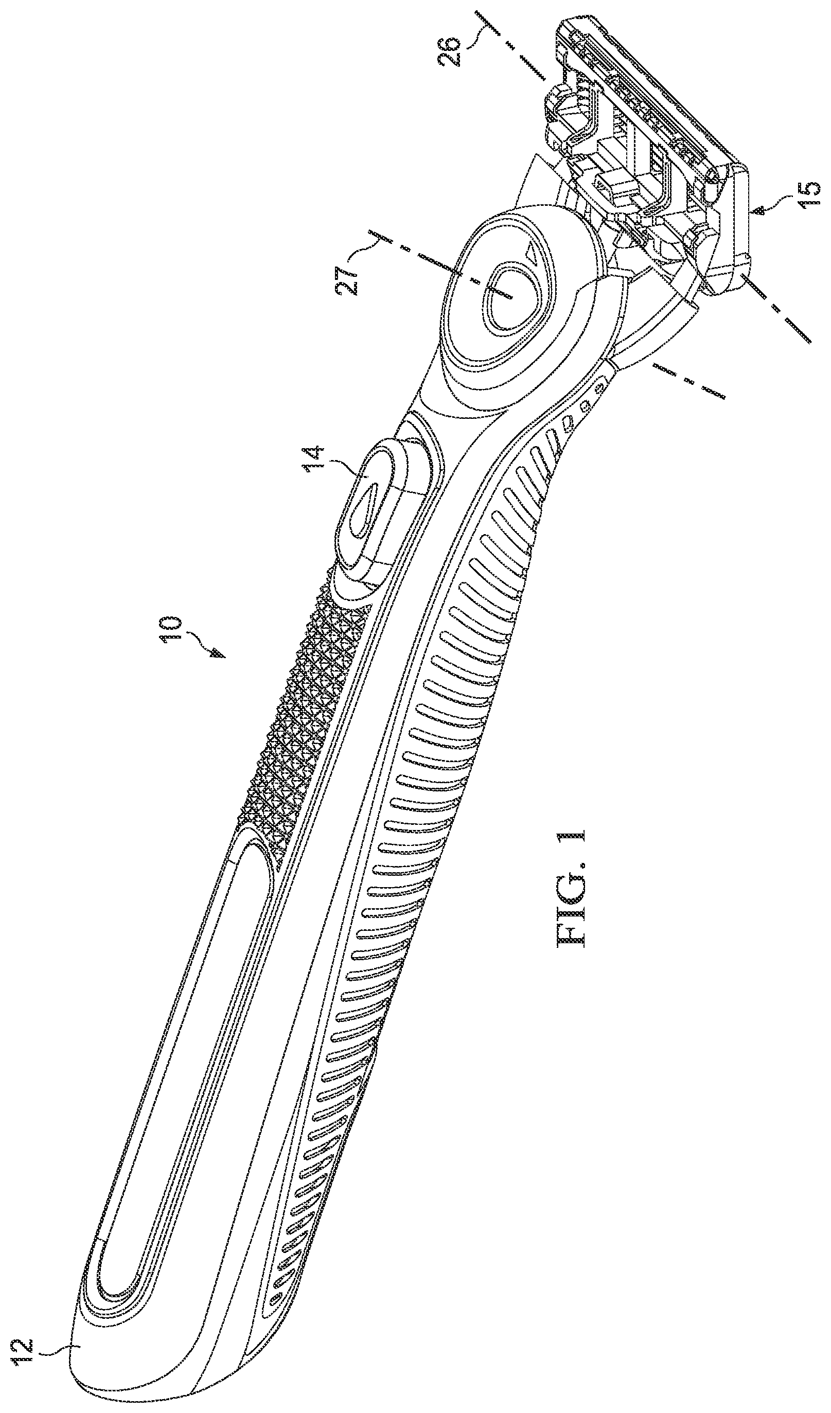 Patent US11780105 Figure 1 – Razor handle with a pivoting portion