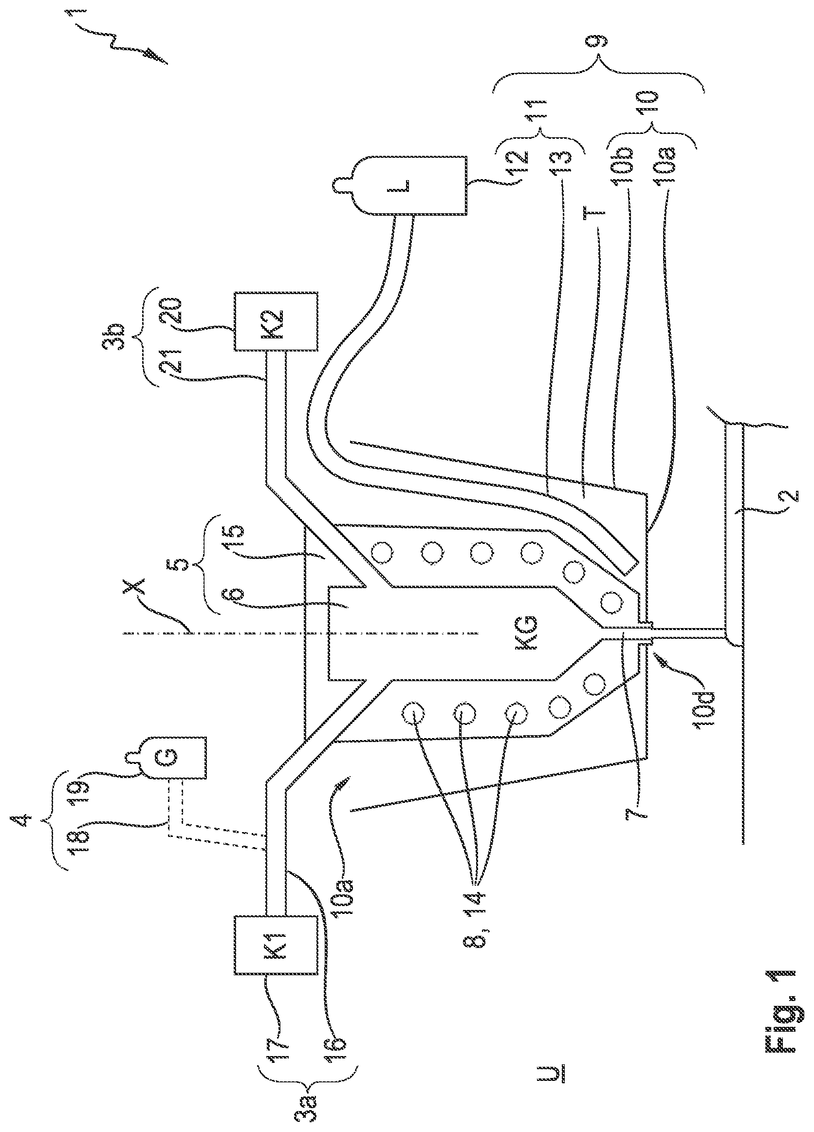 Patent US11780117 — Device and method for the production of plastic parts with drying and dessicant feed devices — Figure 1