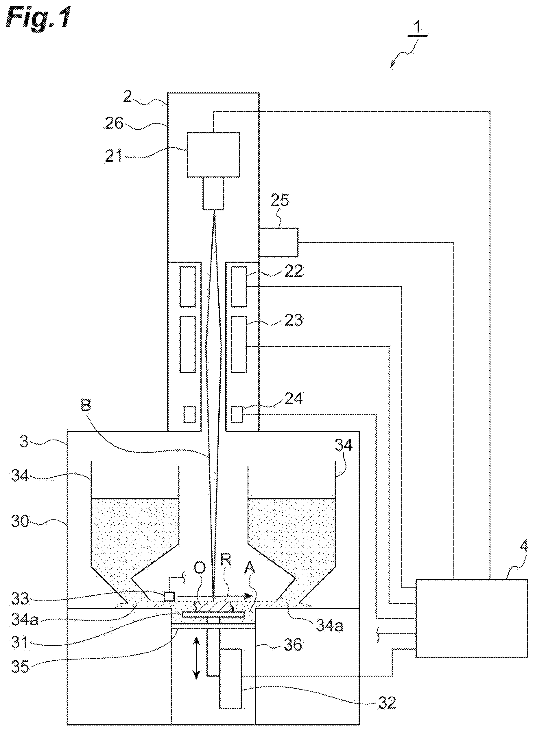 Patent US11780159 Figure 1 – Additive manufacturing device and additive manufacturing method