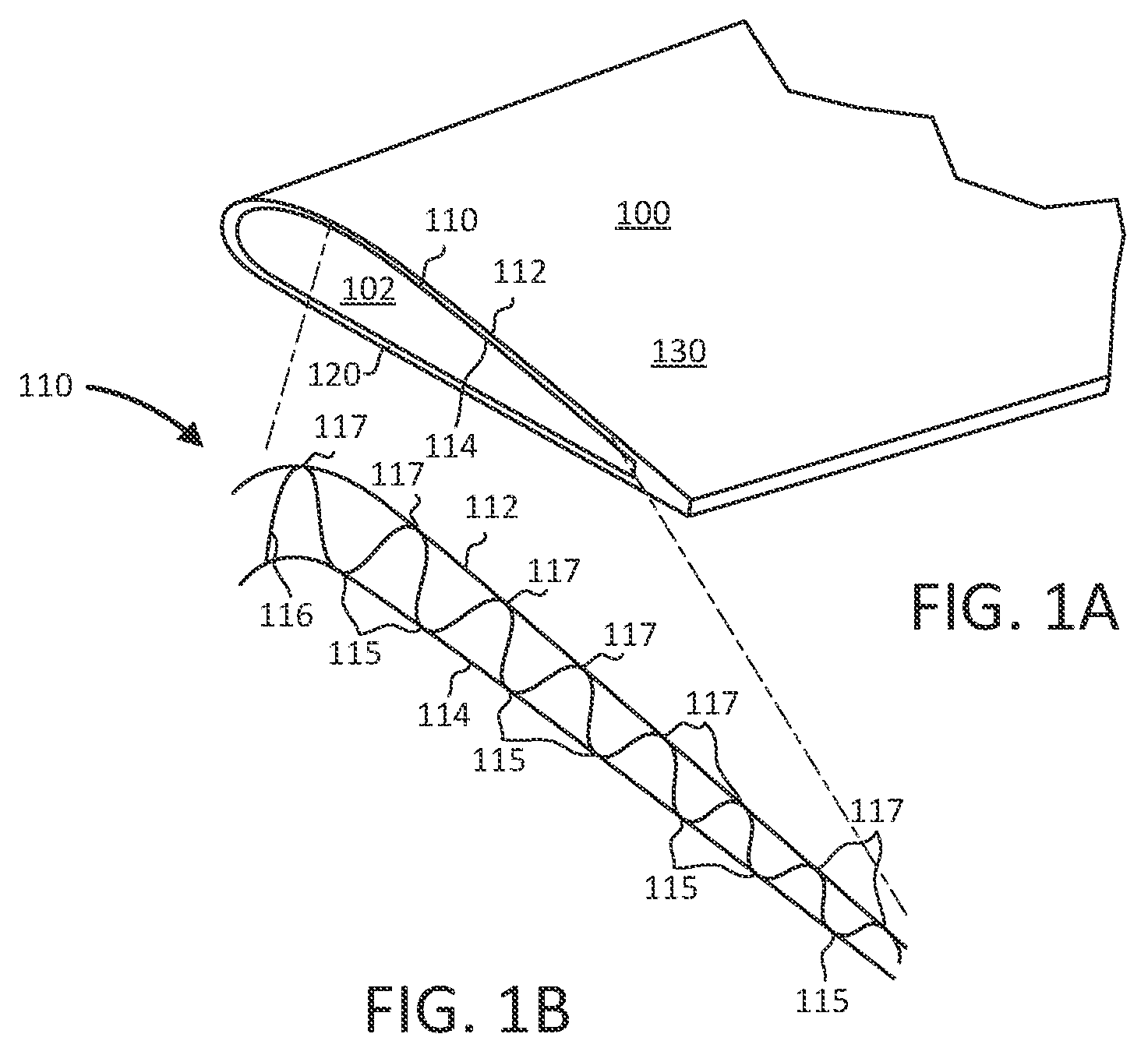 Patent US11780179 Figure 1 – Thermoplastic composite panel with corrugated peaks and troughs stiffening systems and methods