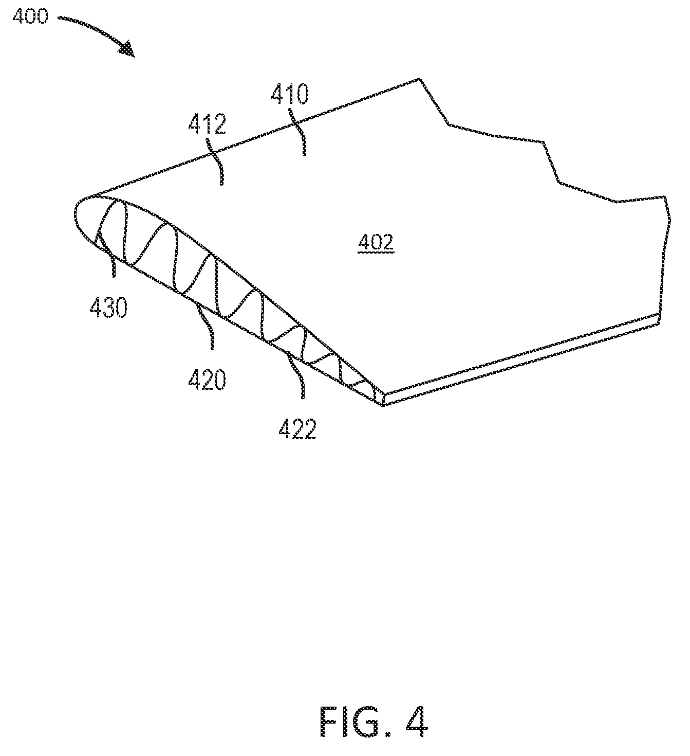 Patent US11780179 Figure 4 – Thermoplastic composite panel with corrugated peaks and troughs stiffening systems and methods