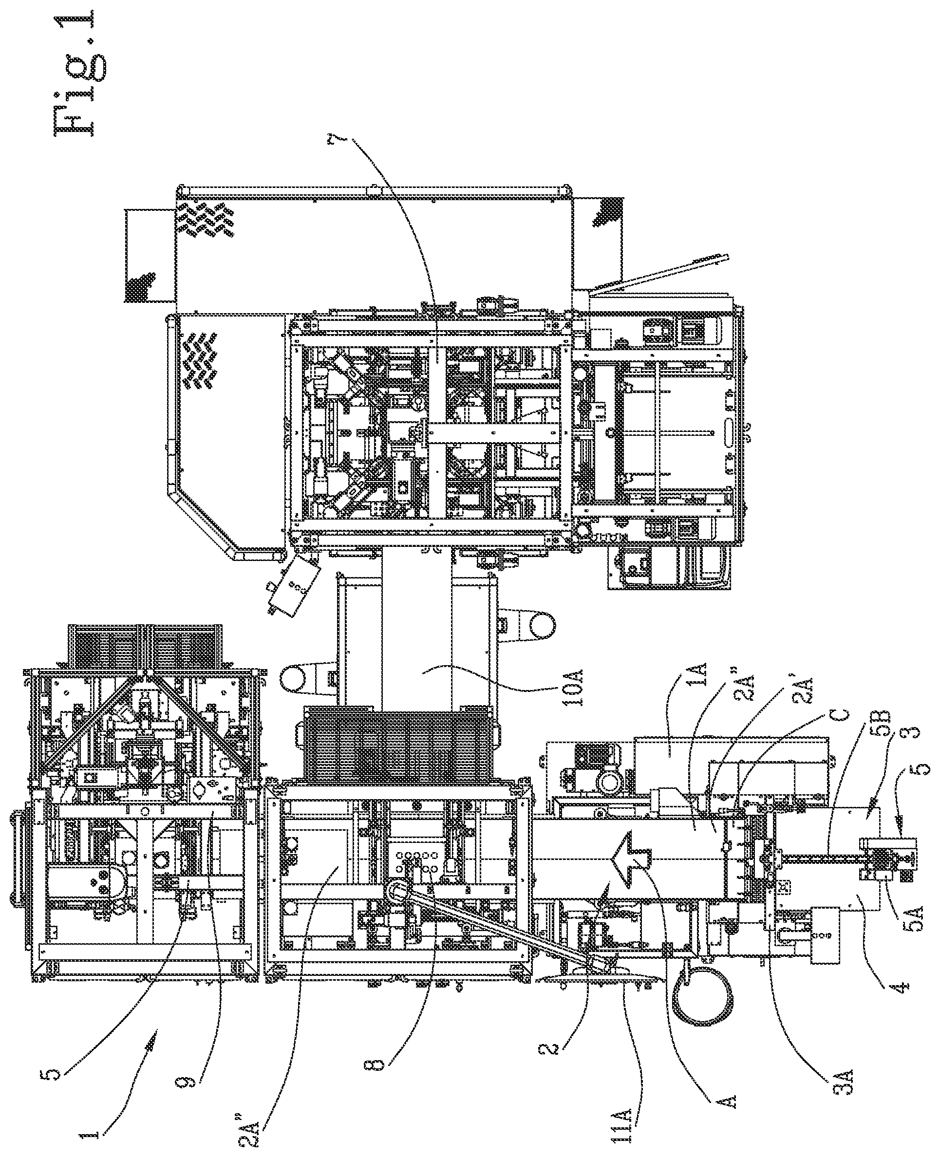 Patent US11780196 Figure 1 – Line for the production of covered cardboard boxes