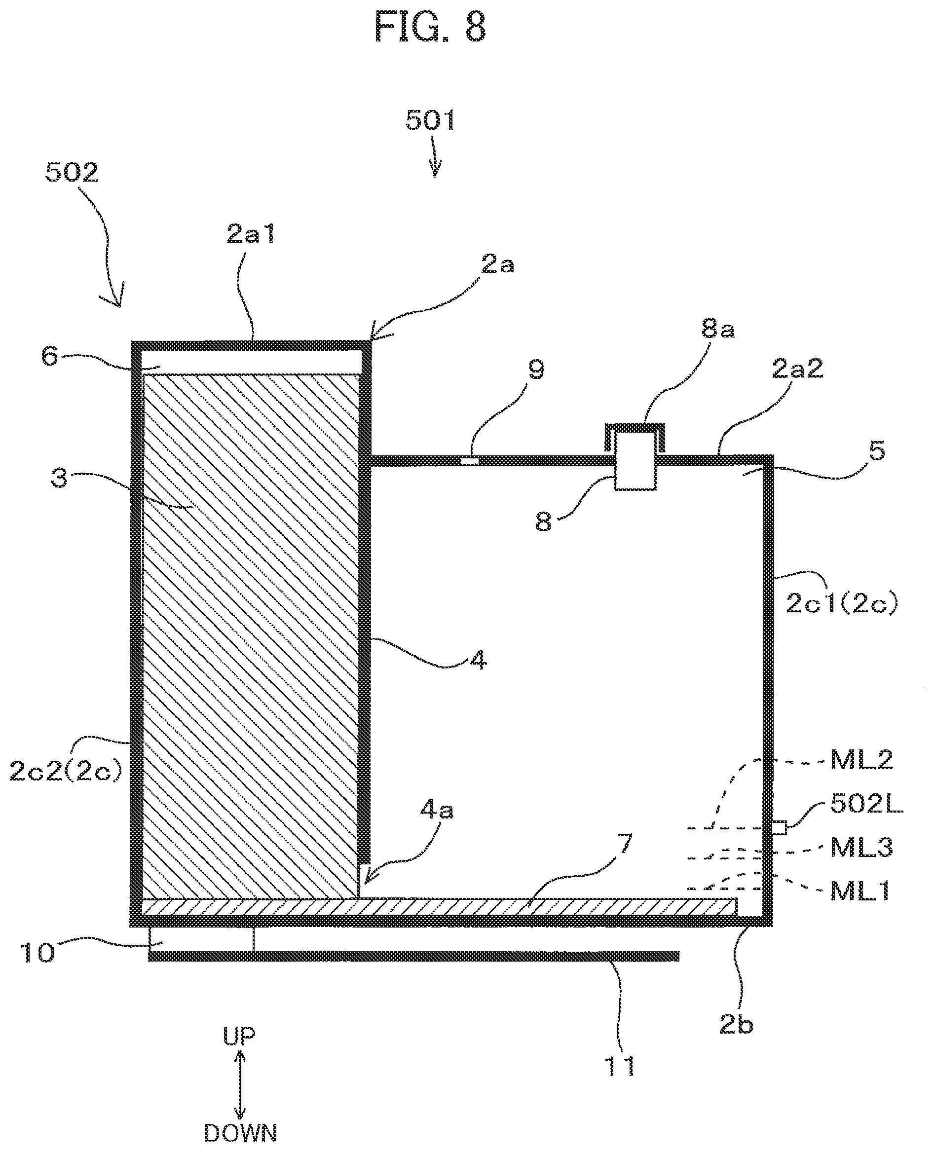 Patent US11780235 Figure 8 – Replenishable liquid storage tank including backpressure application member, and image-forming apparatus provided with the same