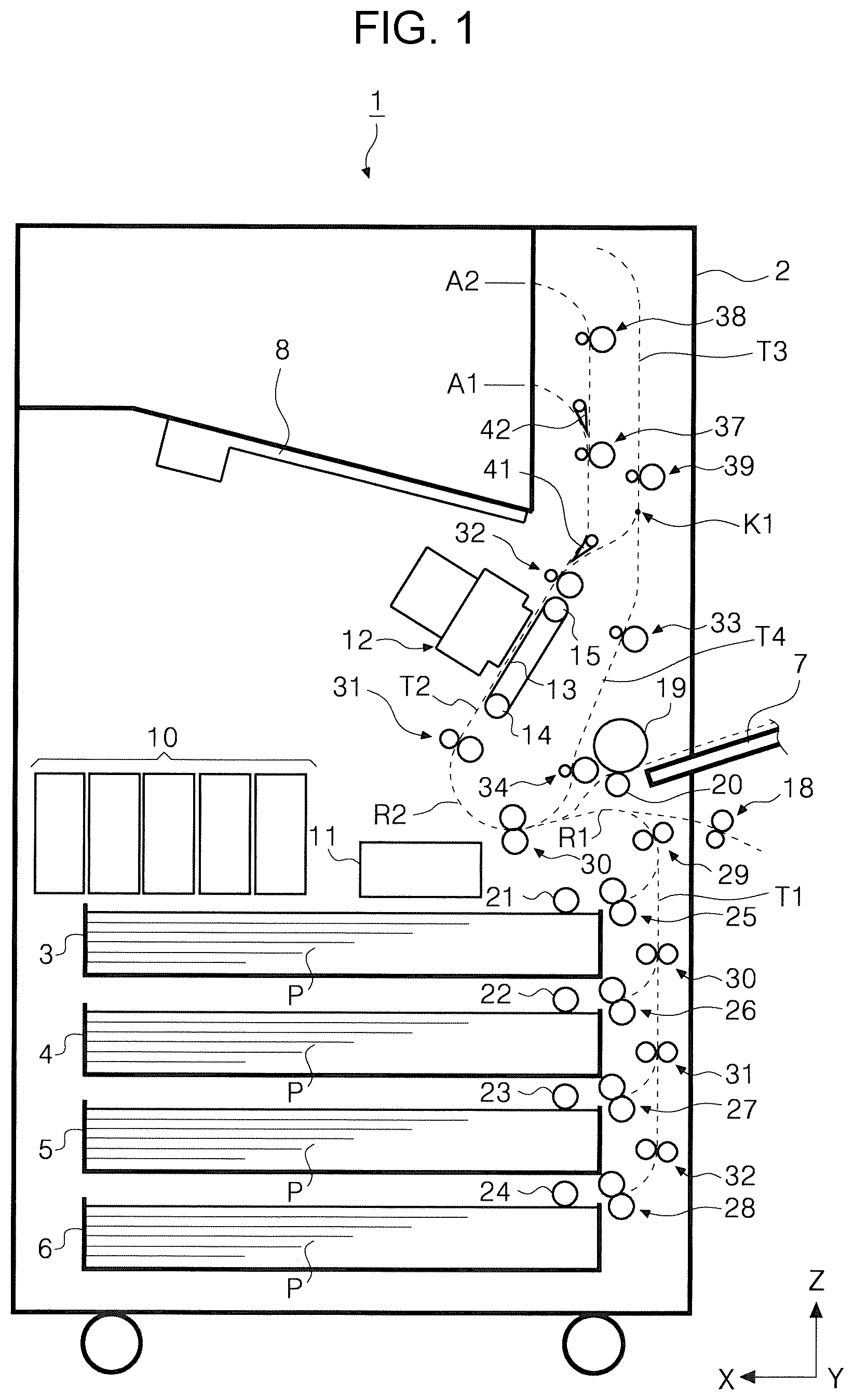 Patent US11780245 Figure 1 – Recording device including a recording-time transport path and reversing path
