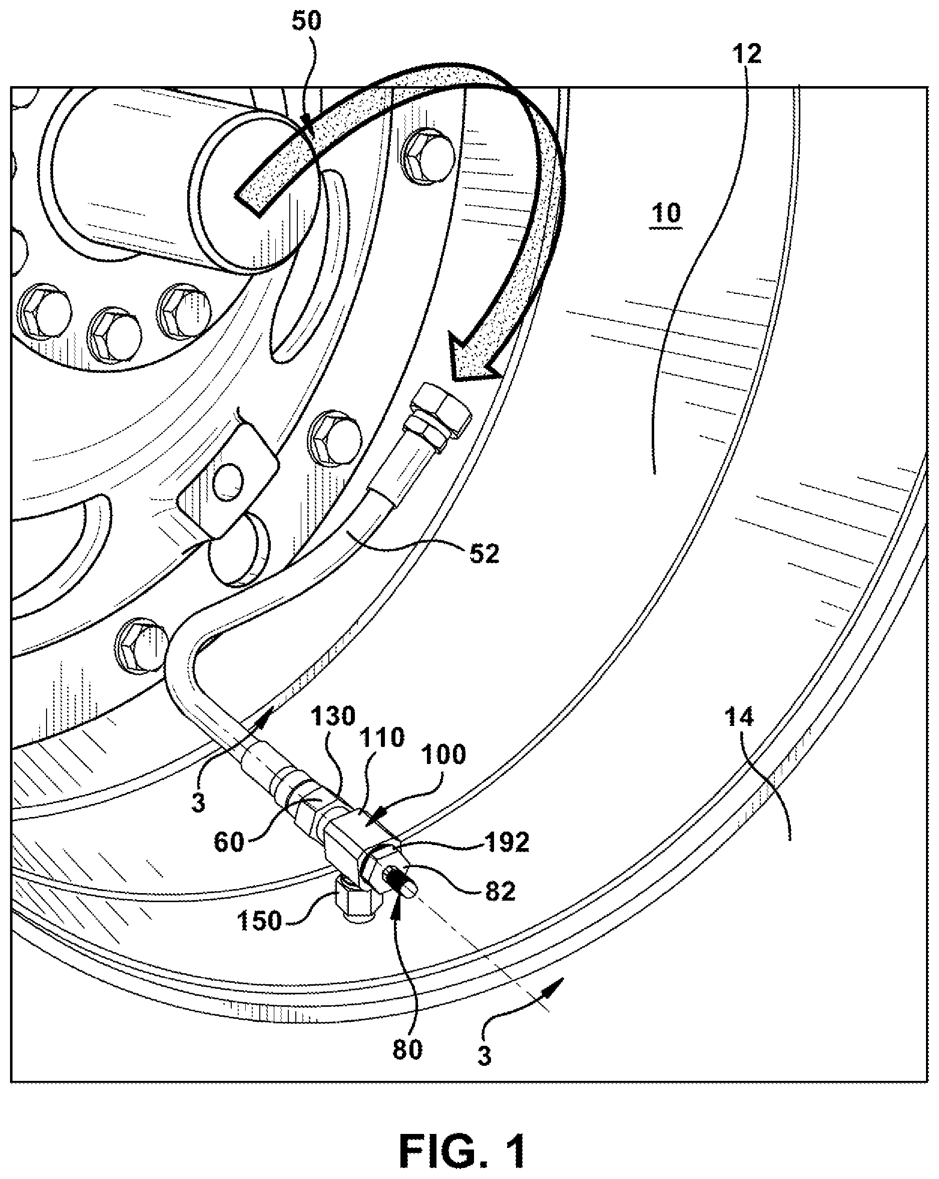Patent US11780275 Figure 1 – Valve fitting for a tire assembly of a working vehicle equipped with a central tire inflation system (CTIS)