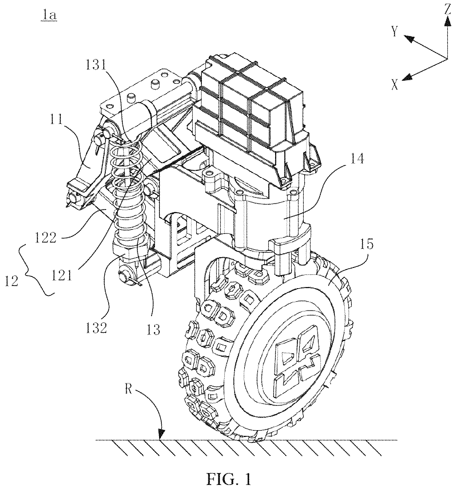 Patent US11780282 Figure 1 – Suspension assembly, suspension damping device and six wheels bionic chassis