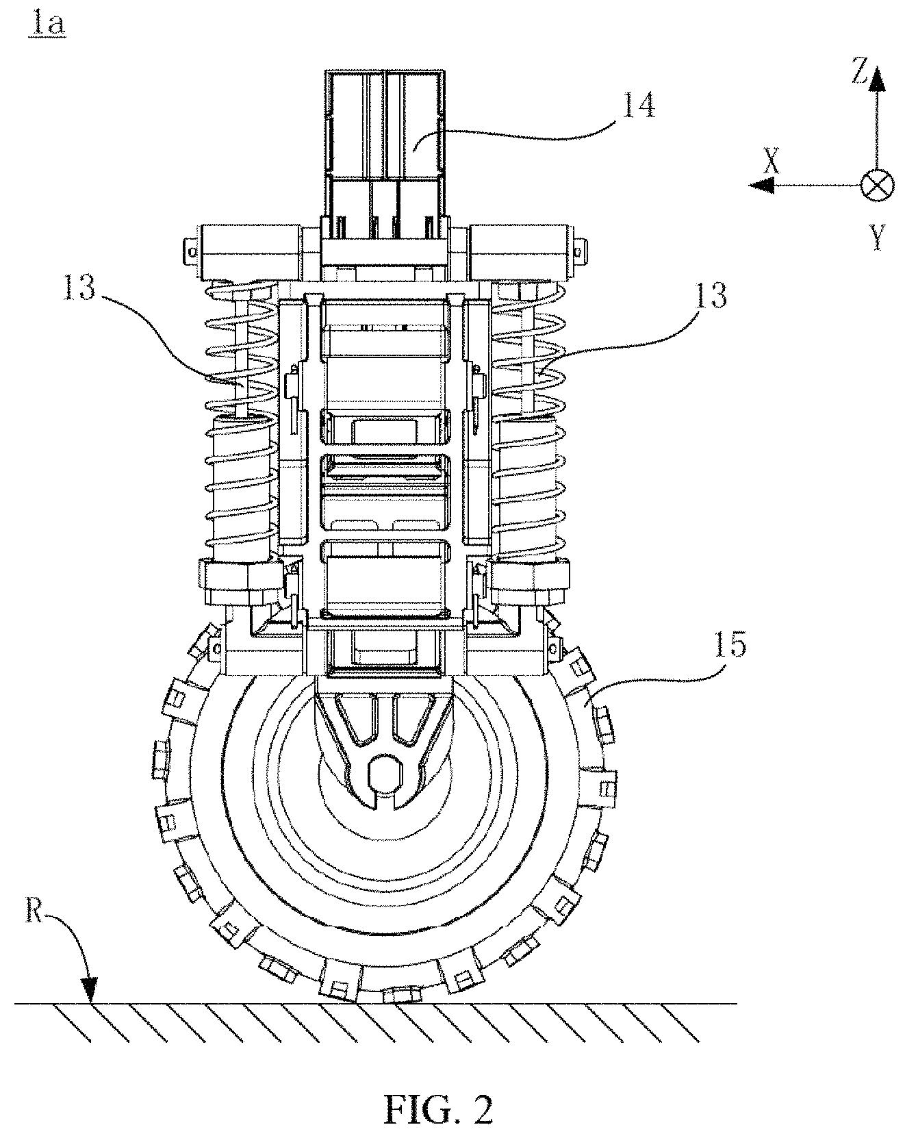 Patent US11780282 Figure 2 – Suspension assembly, suspension damping device and six wheels bionic chassis